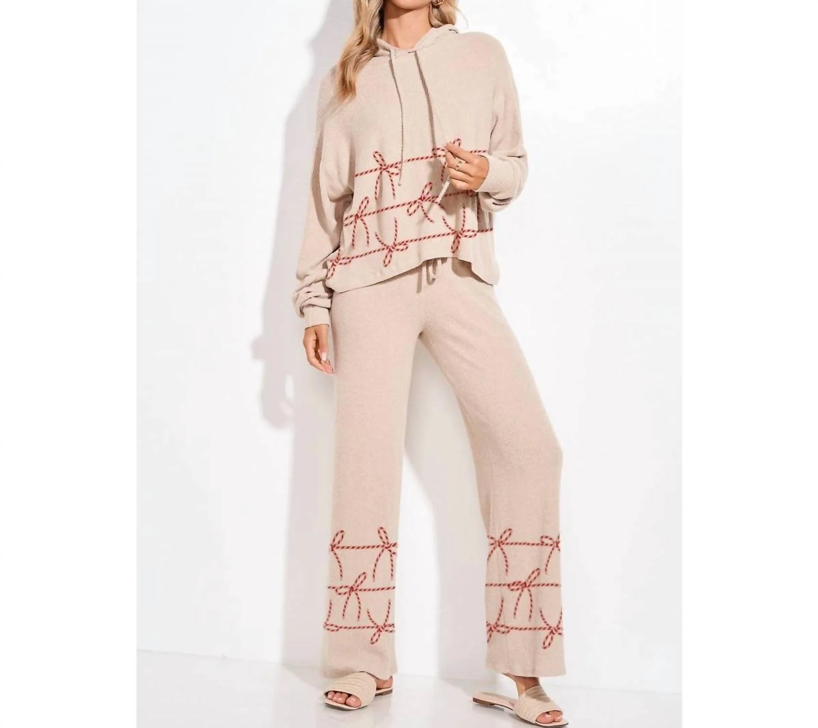 Christmas Ribbon Loungewear Pajama Set In Beige