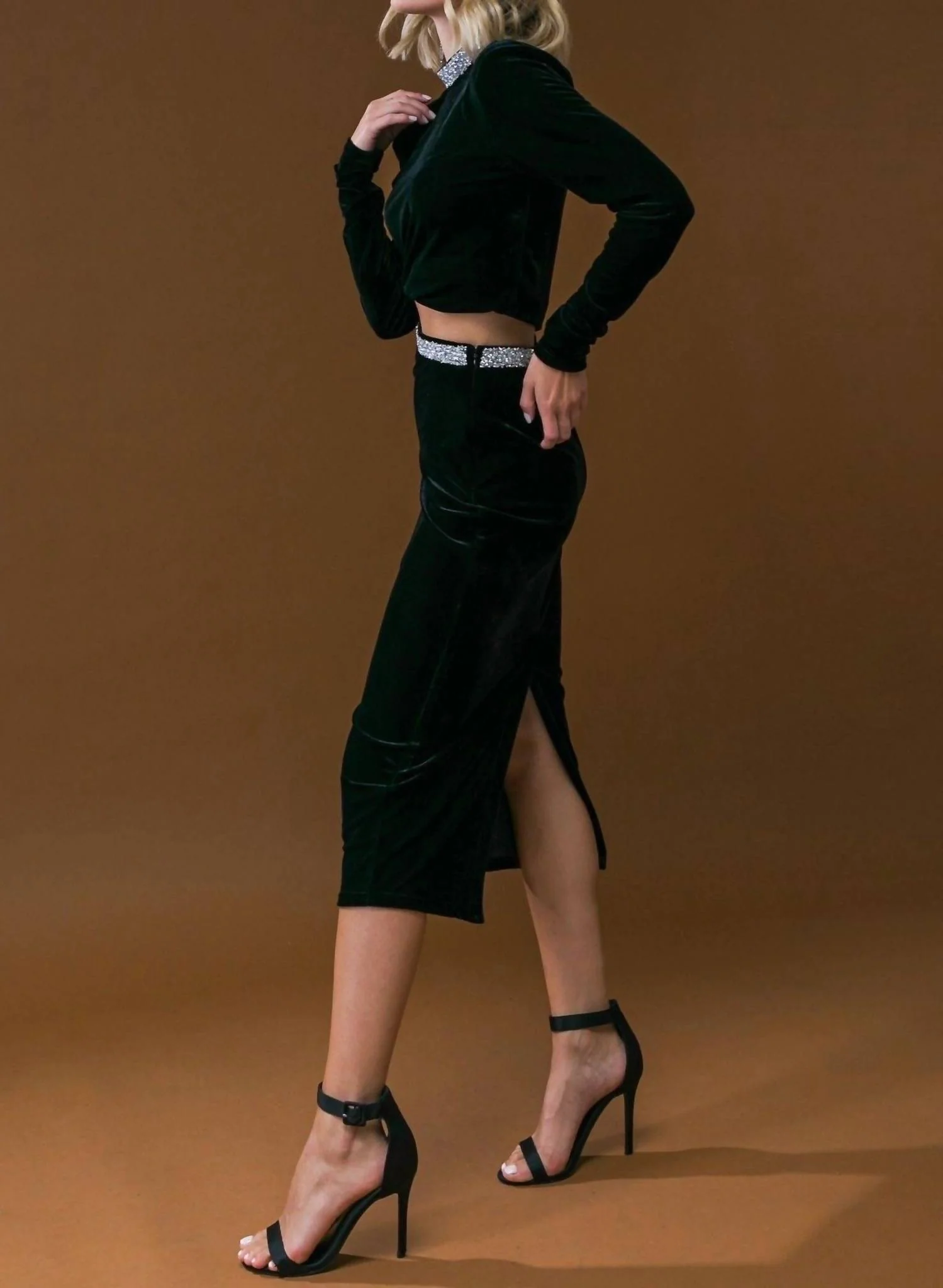 Rhinestone Embellished Velvet Skirt In Black