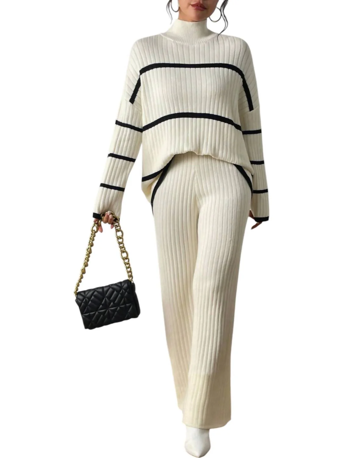 Stripped Top Knit Pants Set In White