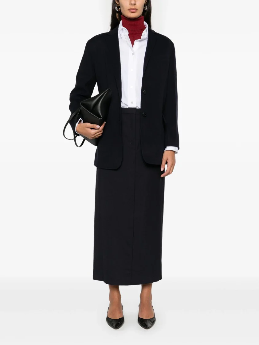 Navy Blue Wool Twill Midi Skirt