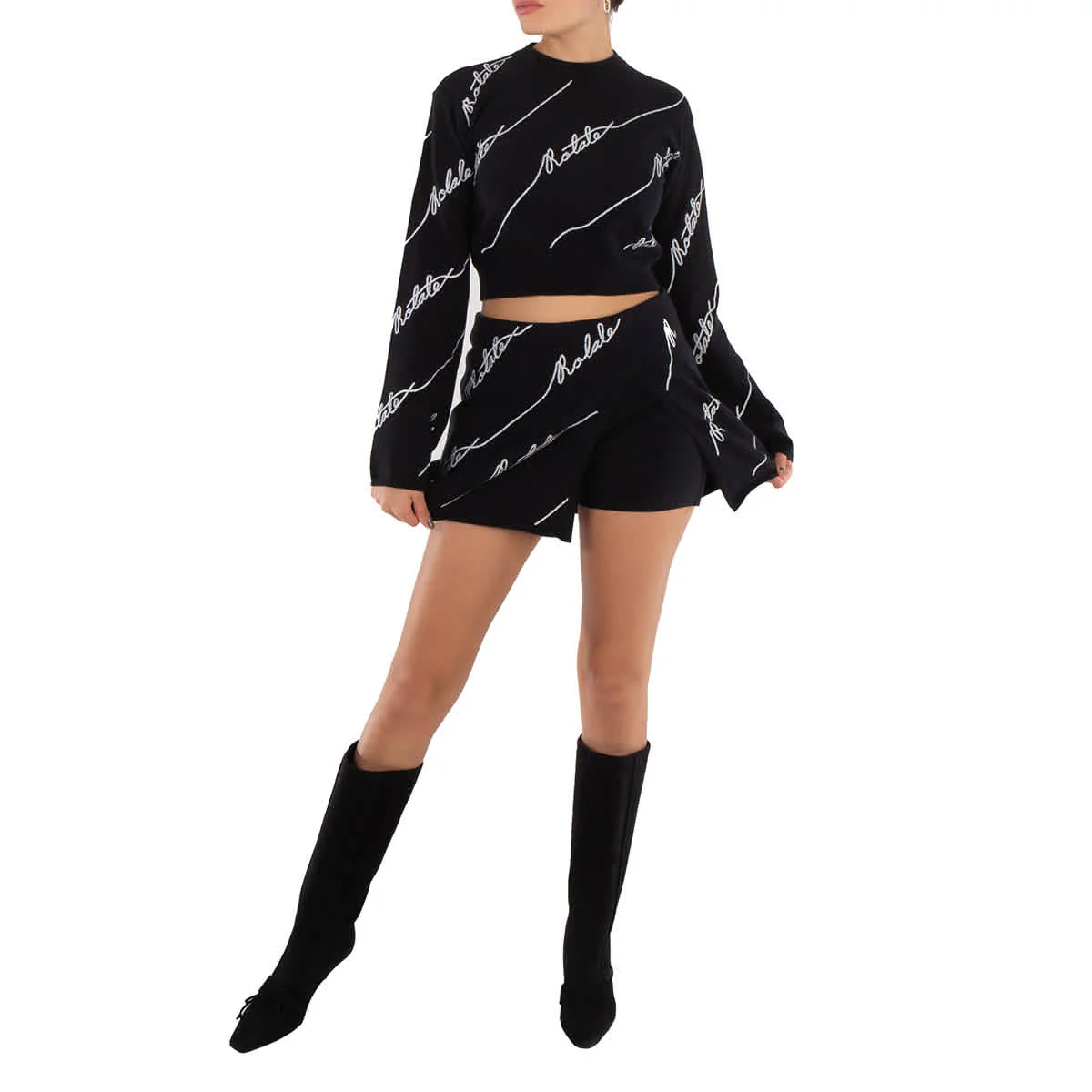 Rotate Ladies Black Sequin Logo Mini Skirt