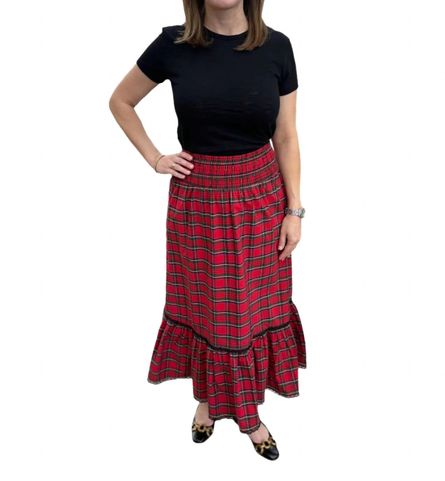 Smocked Waist Midi Skirt In Tartan