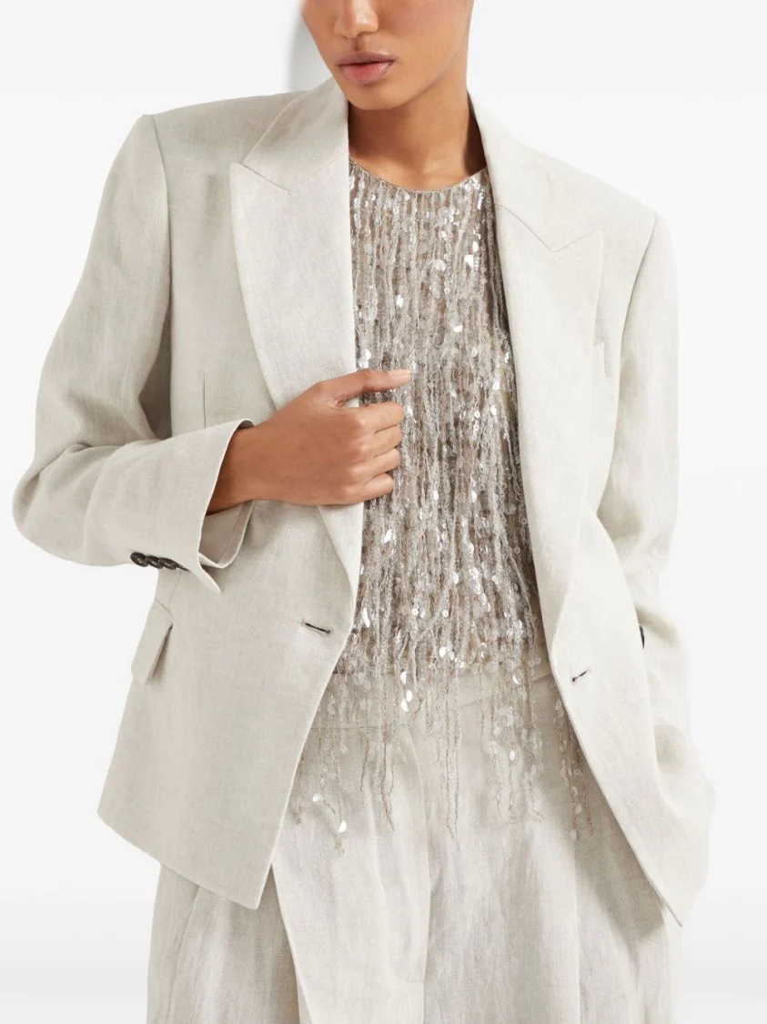 Double-Breasted Off-White Jacket With Notched Lapel