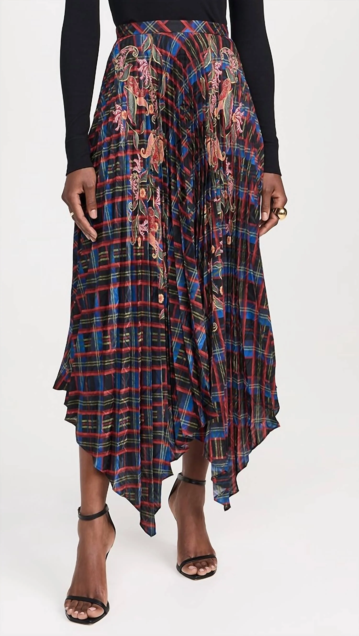 Zuri Embossed Pleat Skirt In Tartan Border