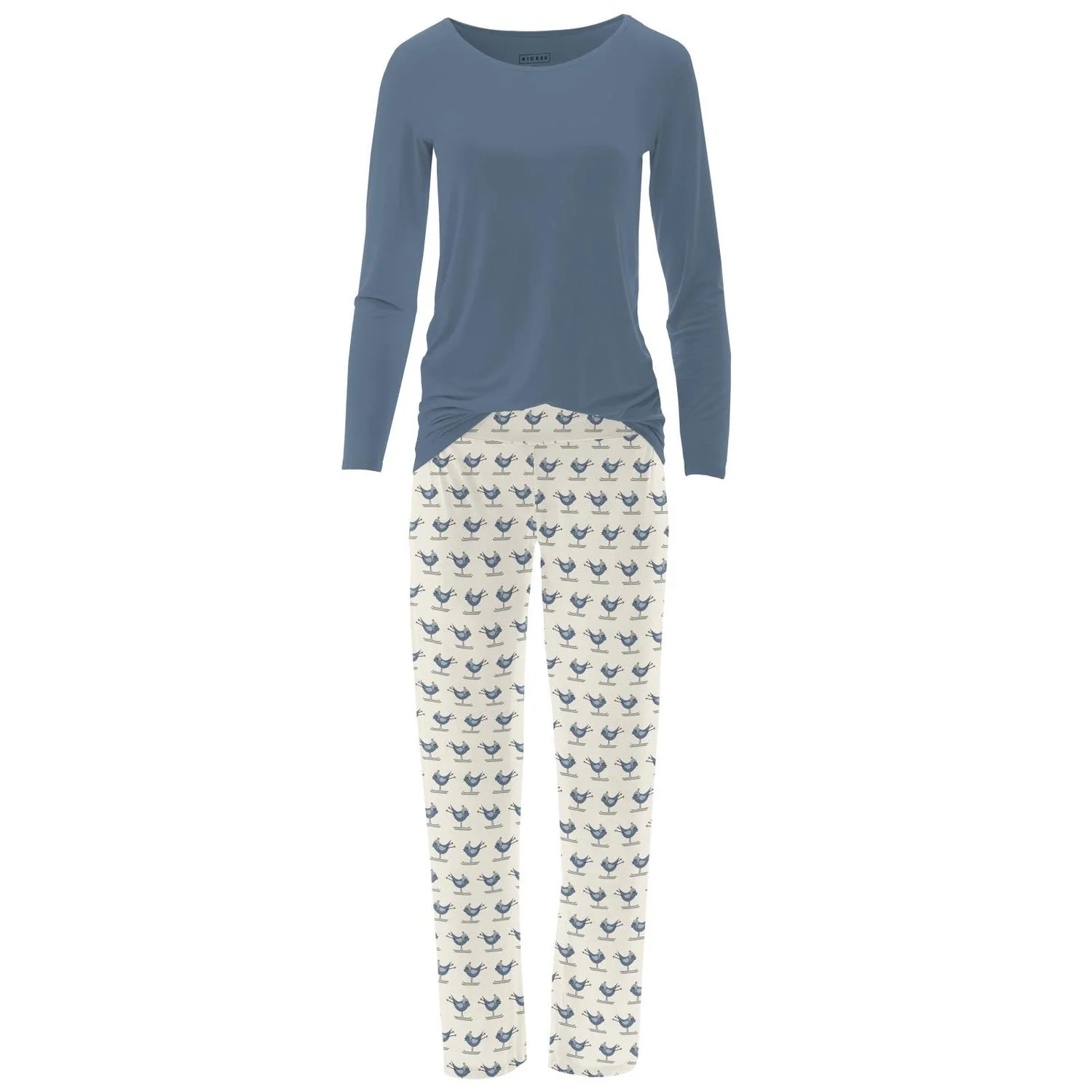 Women's Long Sleeve Tee & Pajama Pants Set In Natural Ski Birds