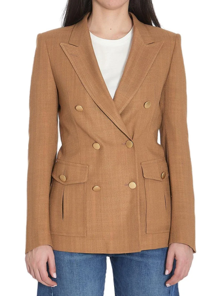 Tailored Double-Breasted Blazer In Caramel Brown Viscose