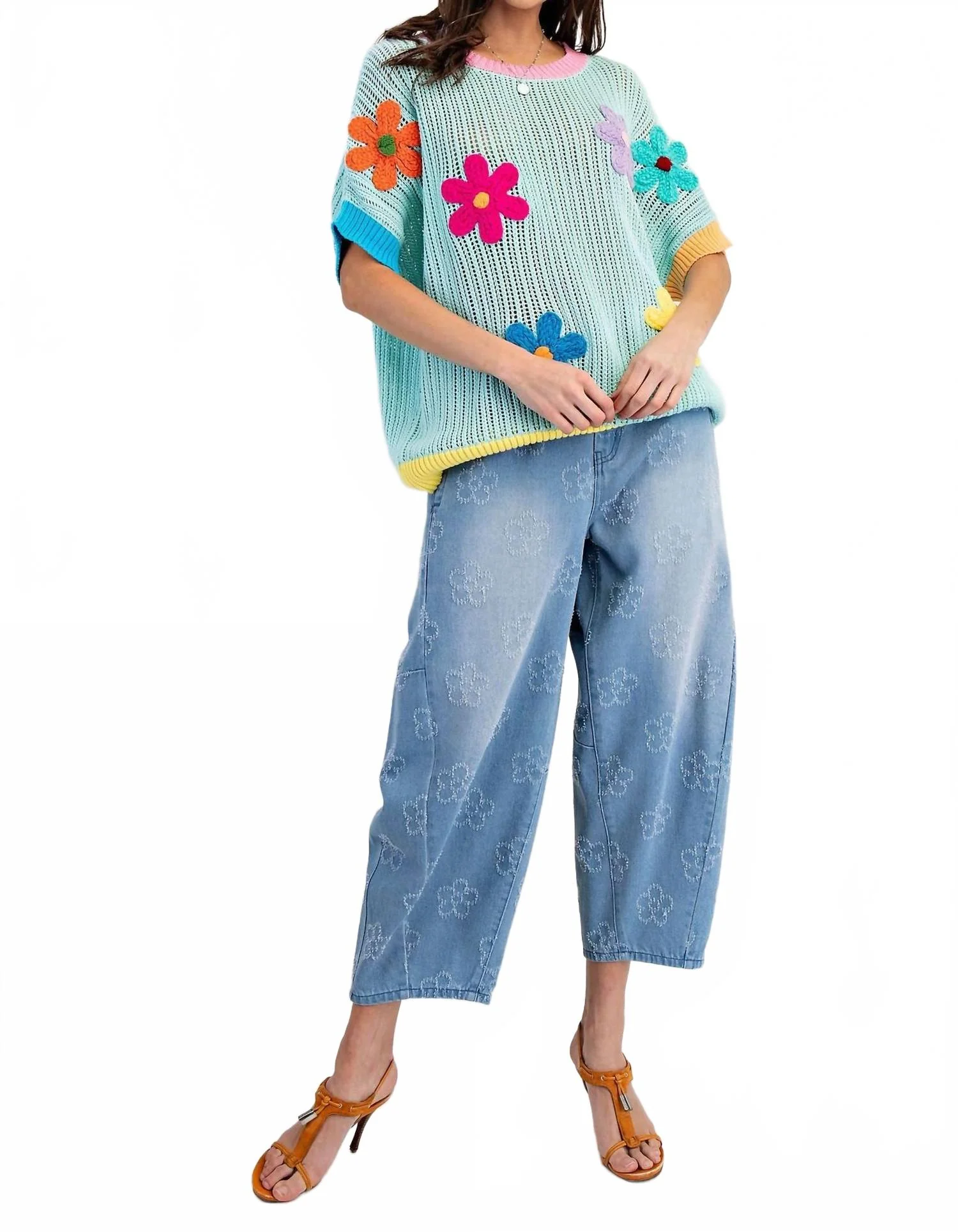 Flower Patterned Washed Barrel Jeans In Washed Denim