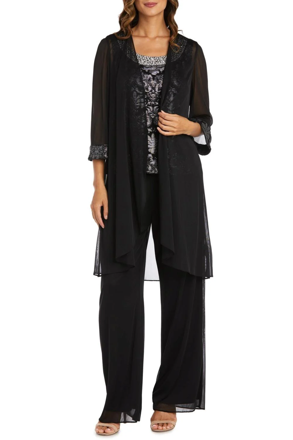 3-Piece Beaded Neck Duster Pants Set In Black Silver