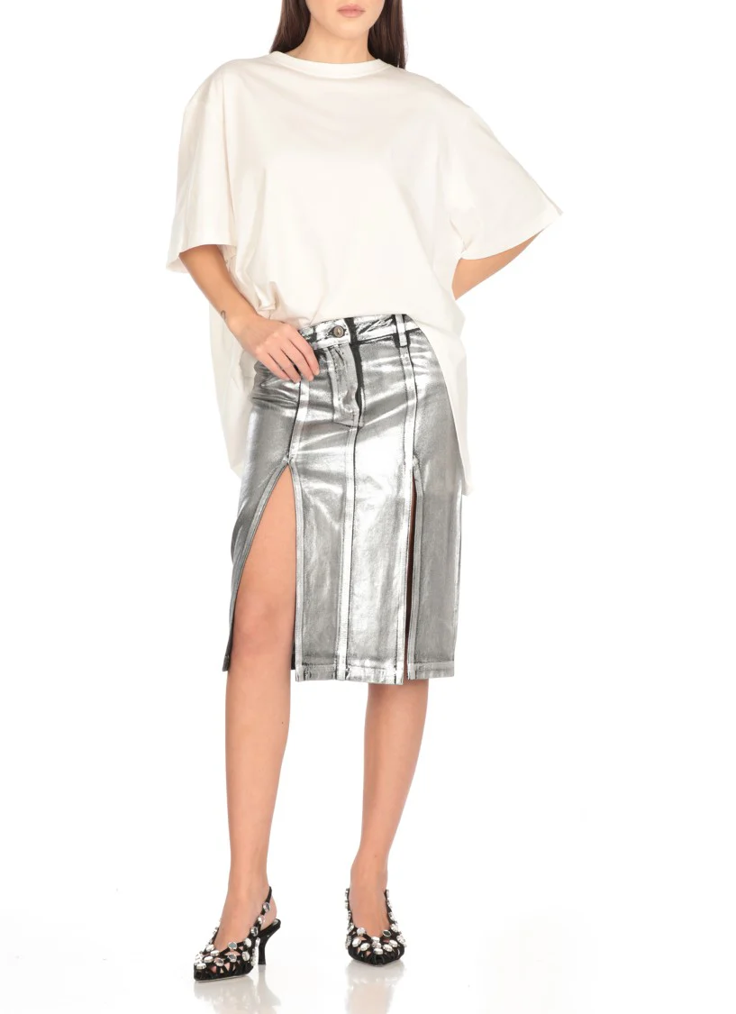 Shiny Cotton Midi Skirt With Structured Silhouette