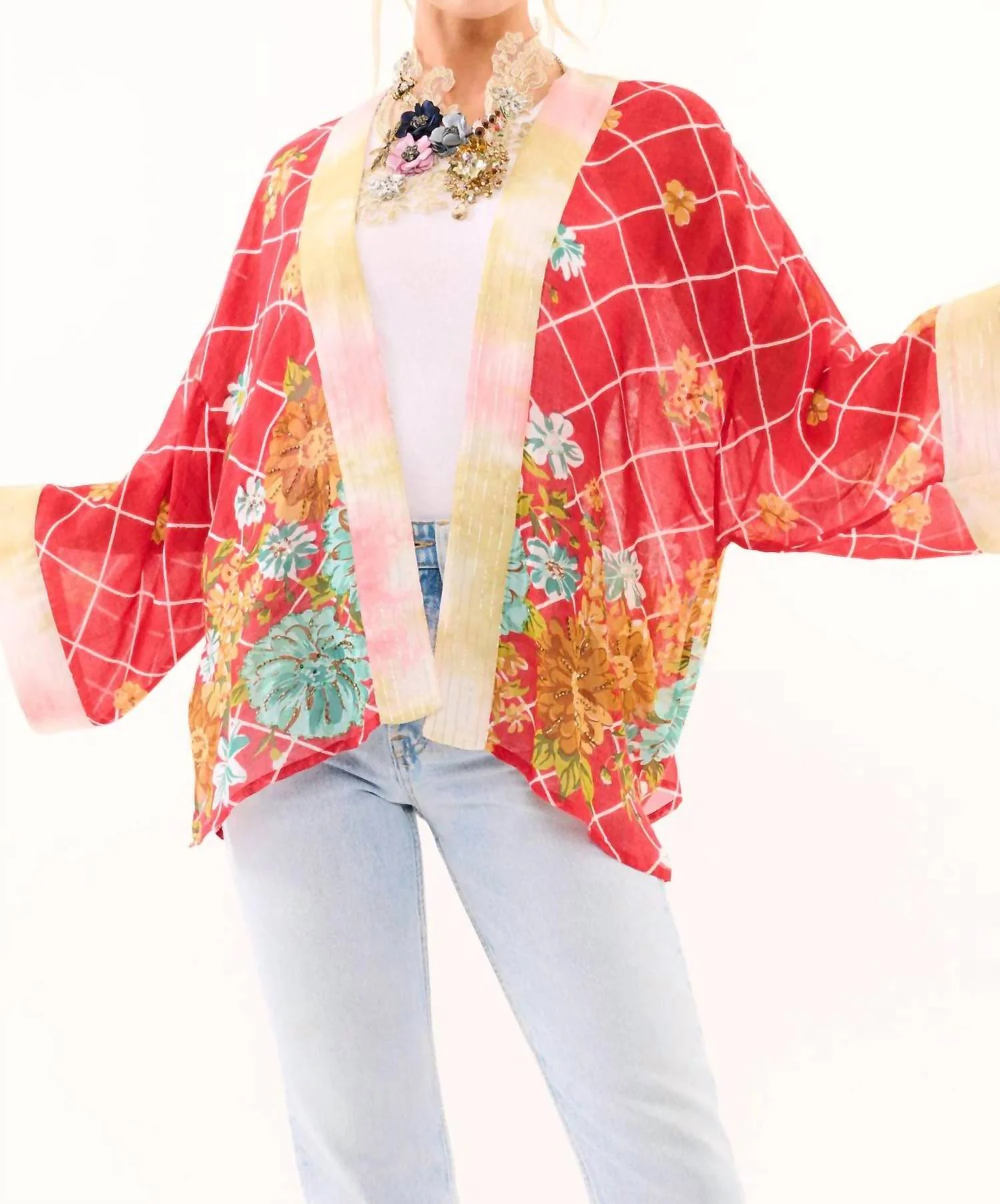 Borrocow Beauty Hand Embellished Kimono In Vintage Coral