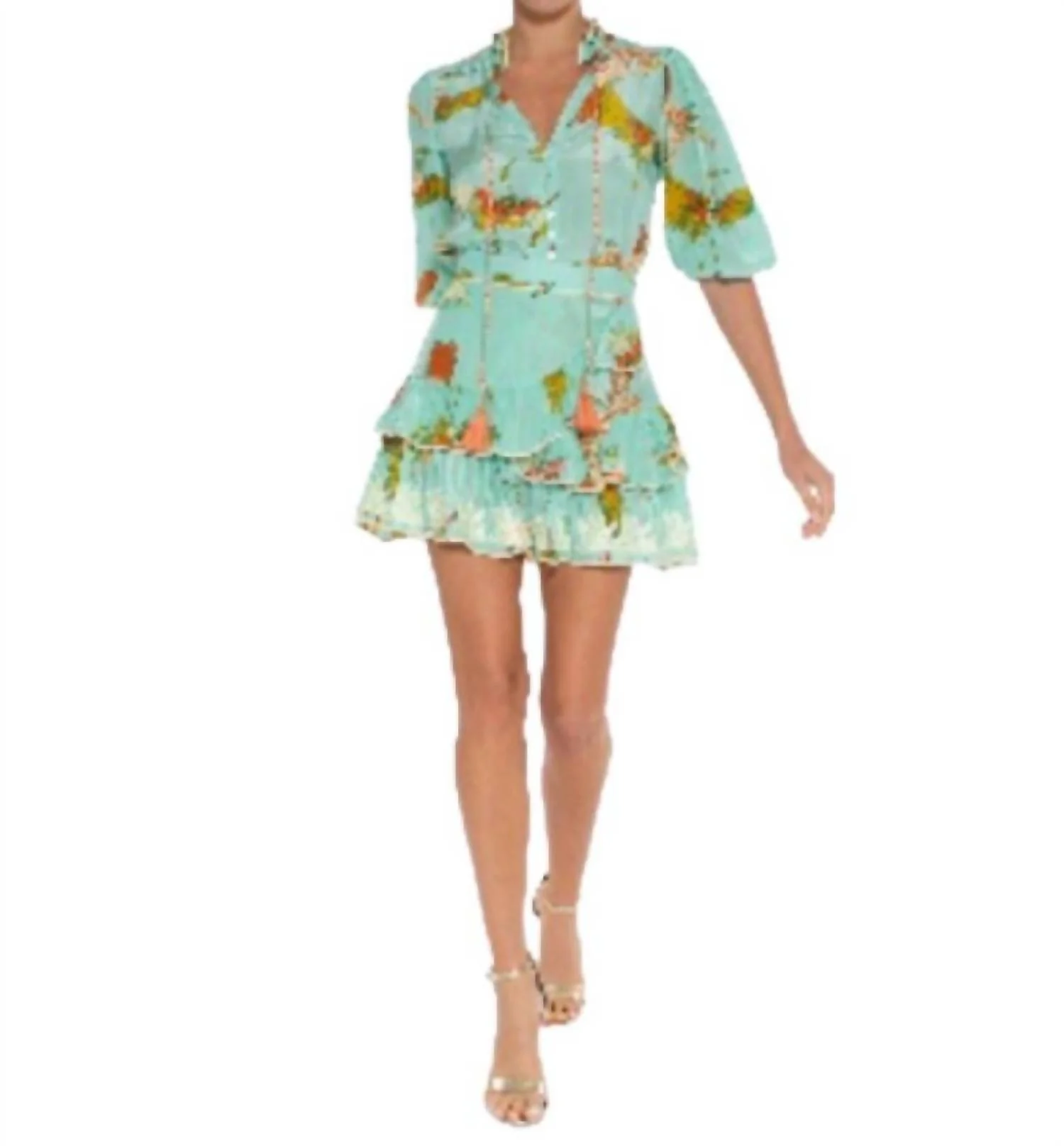 Tiered Ruffle Mini Skirt In Aqua Boho Birds