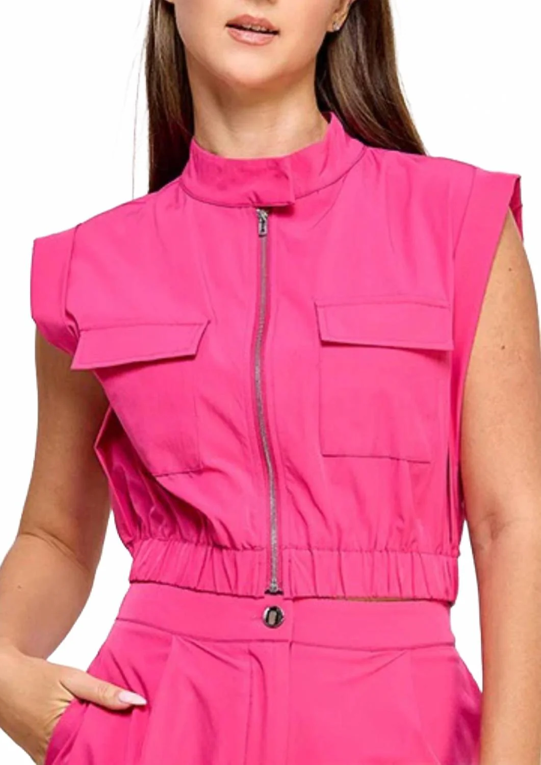 Short Sleeve Pocket Vest Top With Rolled Up Short Set In Hot Pink