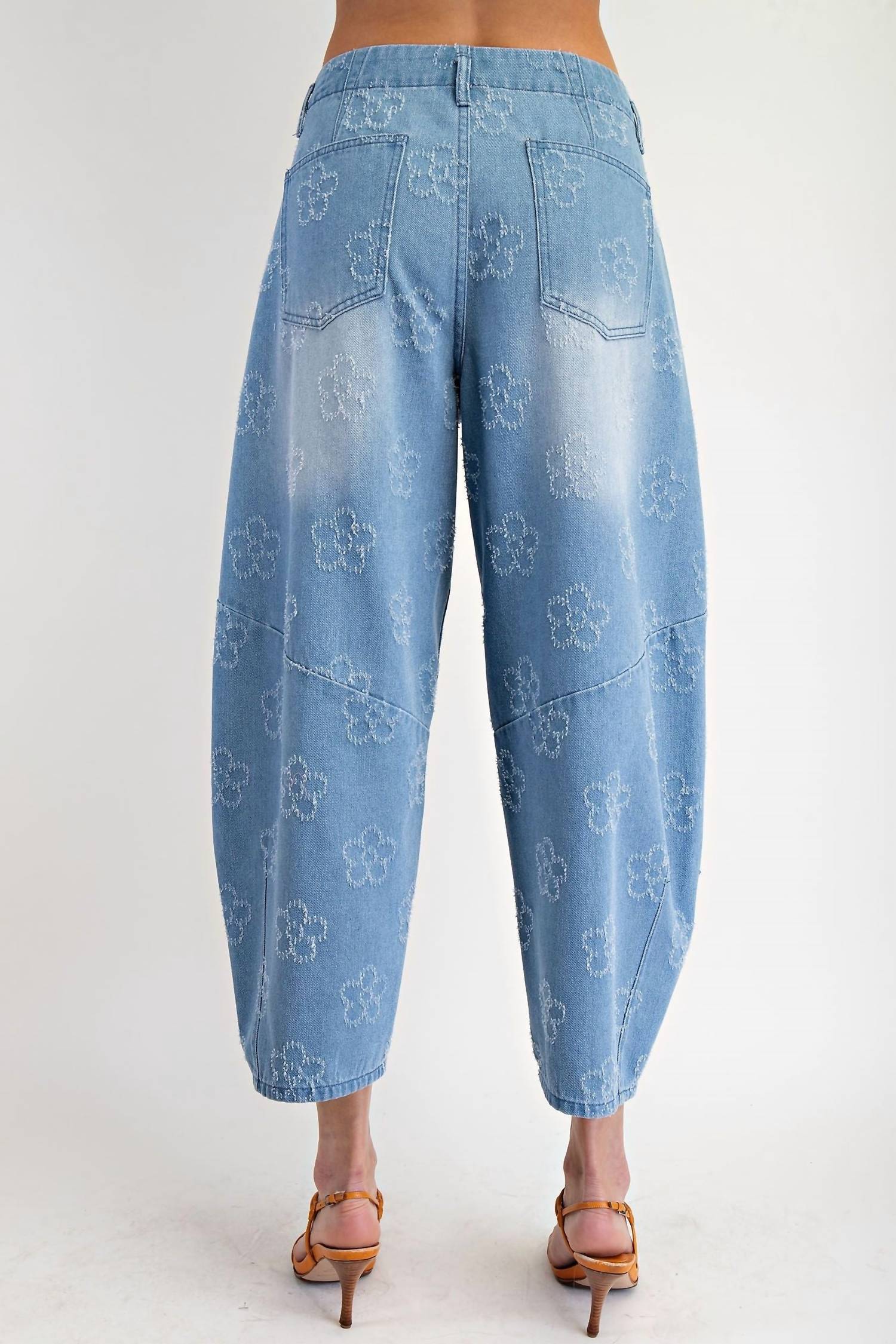 Flower Patterned Washed Barrel Jeans In Washed Denim
