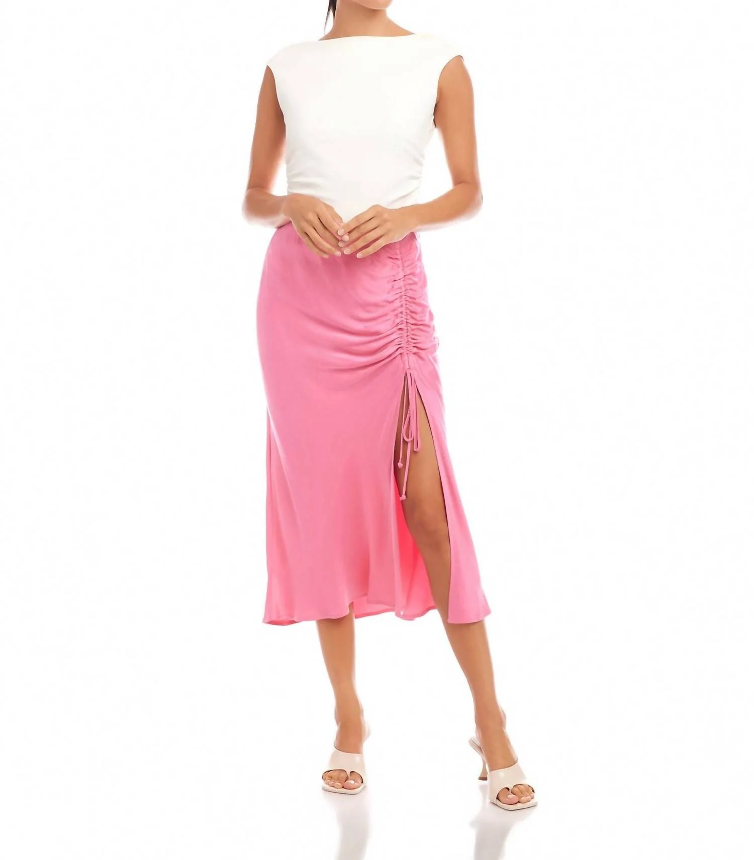 Fiona Shirred Midi Skirt In Pink