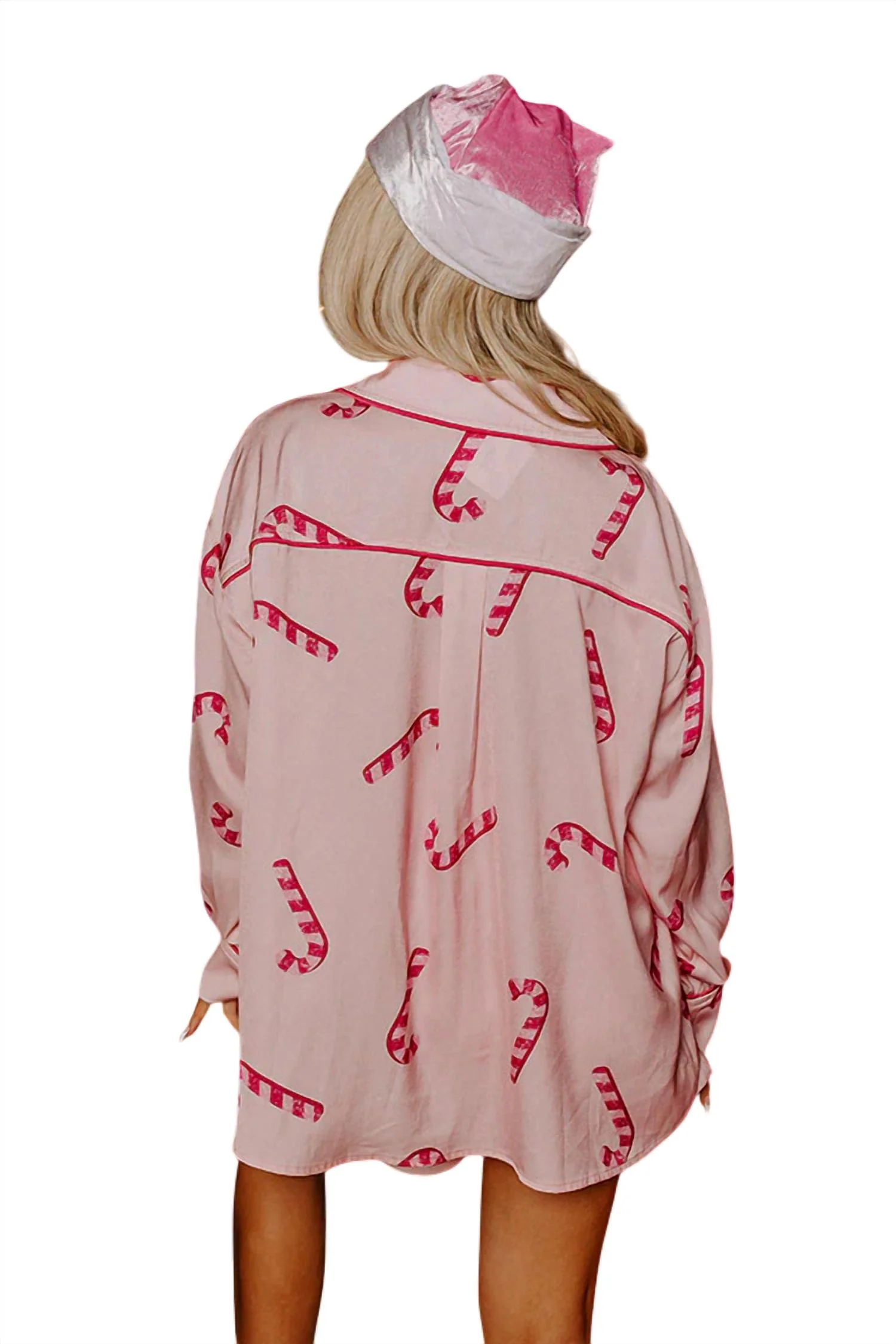 Candy Cane Kisses Satin Pajama Set In Pink