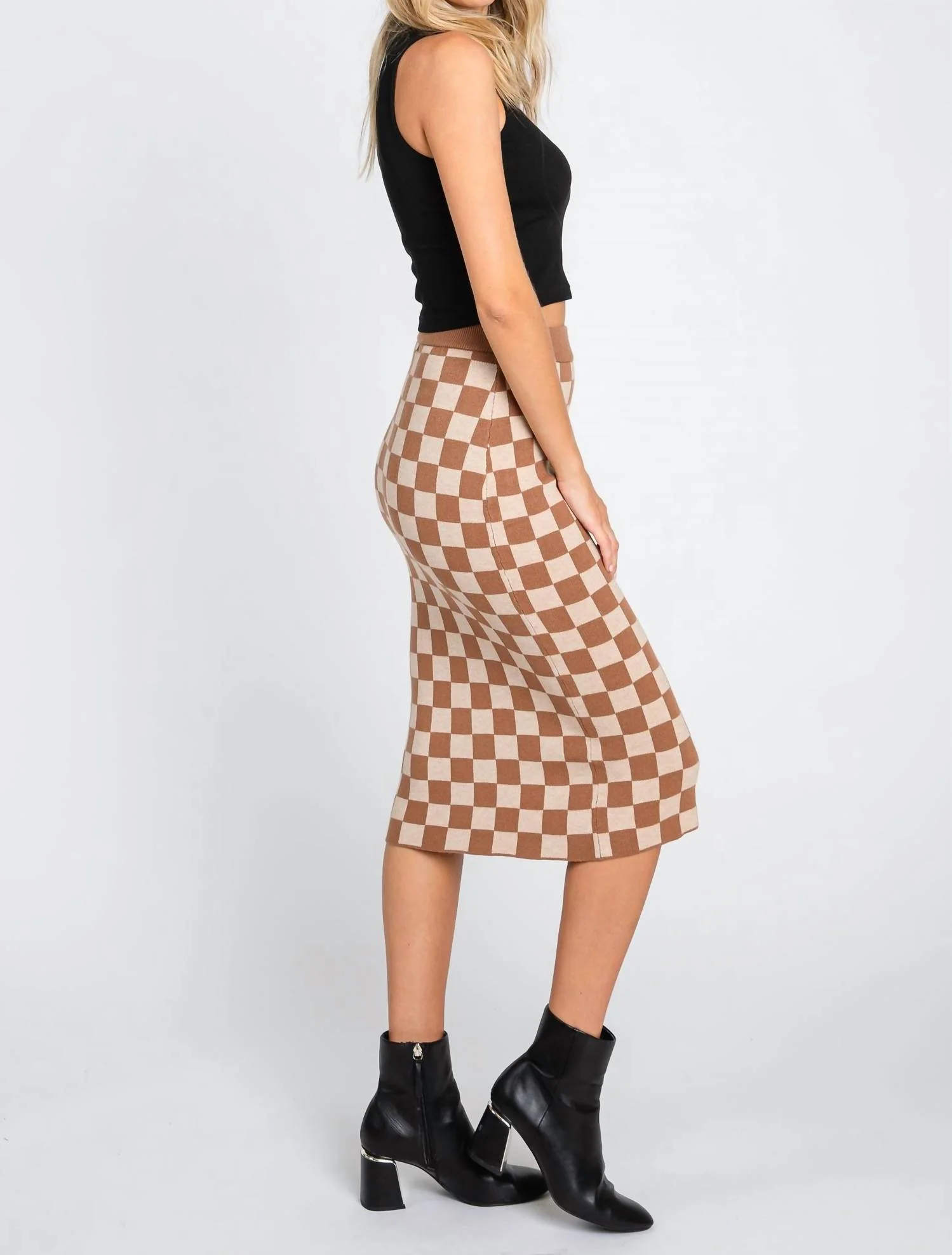 Start Your Engines Checkered Midi Skirt In Coffee And Cream