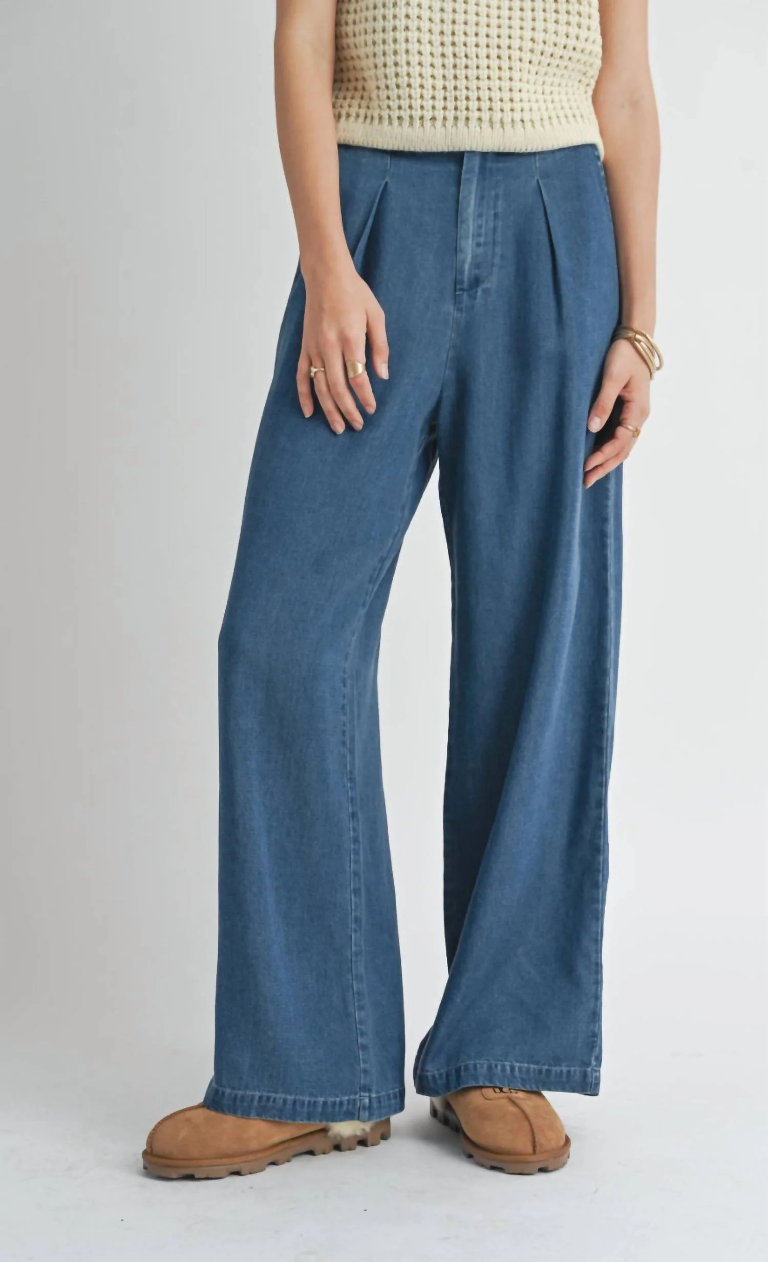 Archives Wide Leg Pants In Dark Chambray