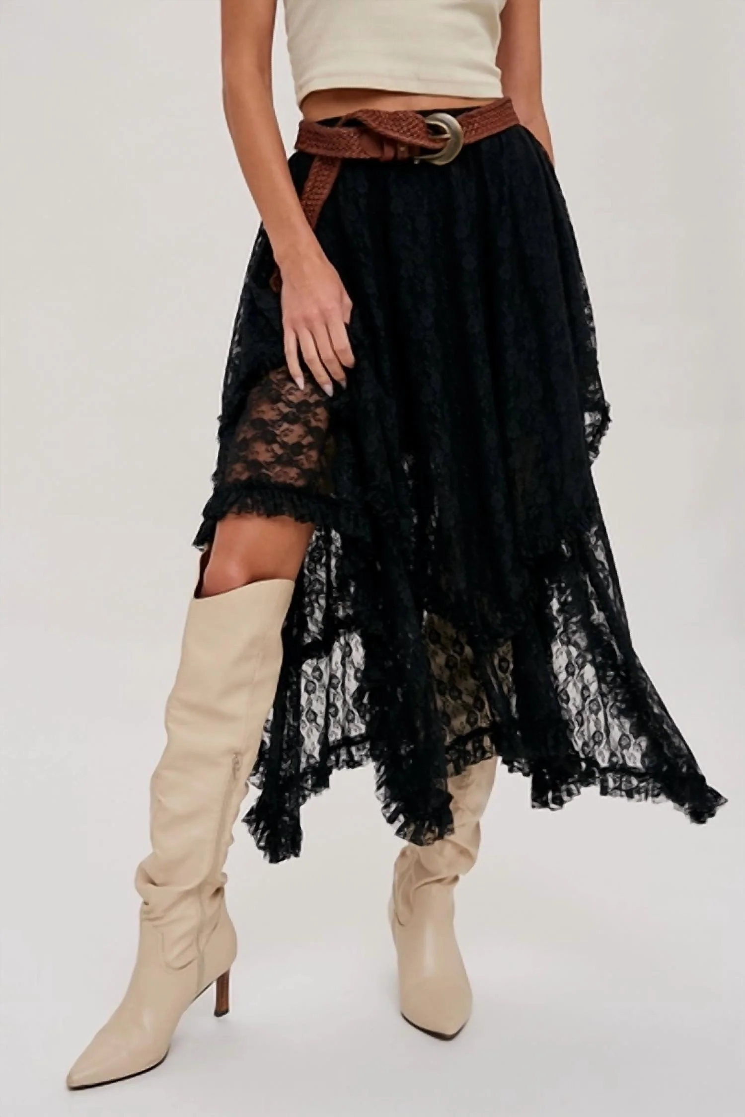 Lace Tier Midi Skirt In Black