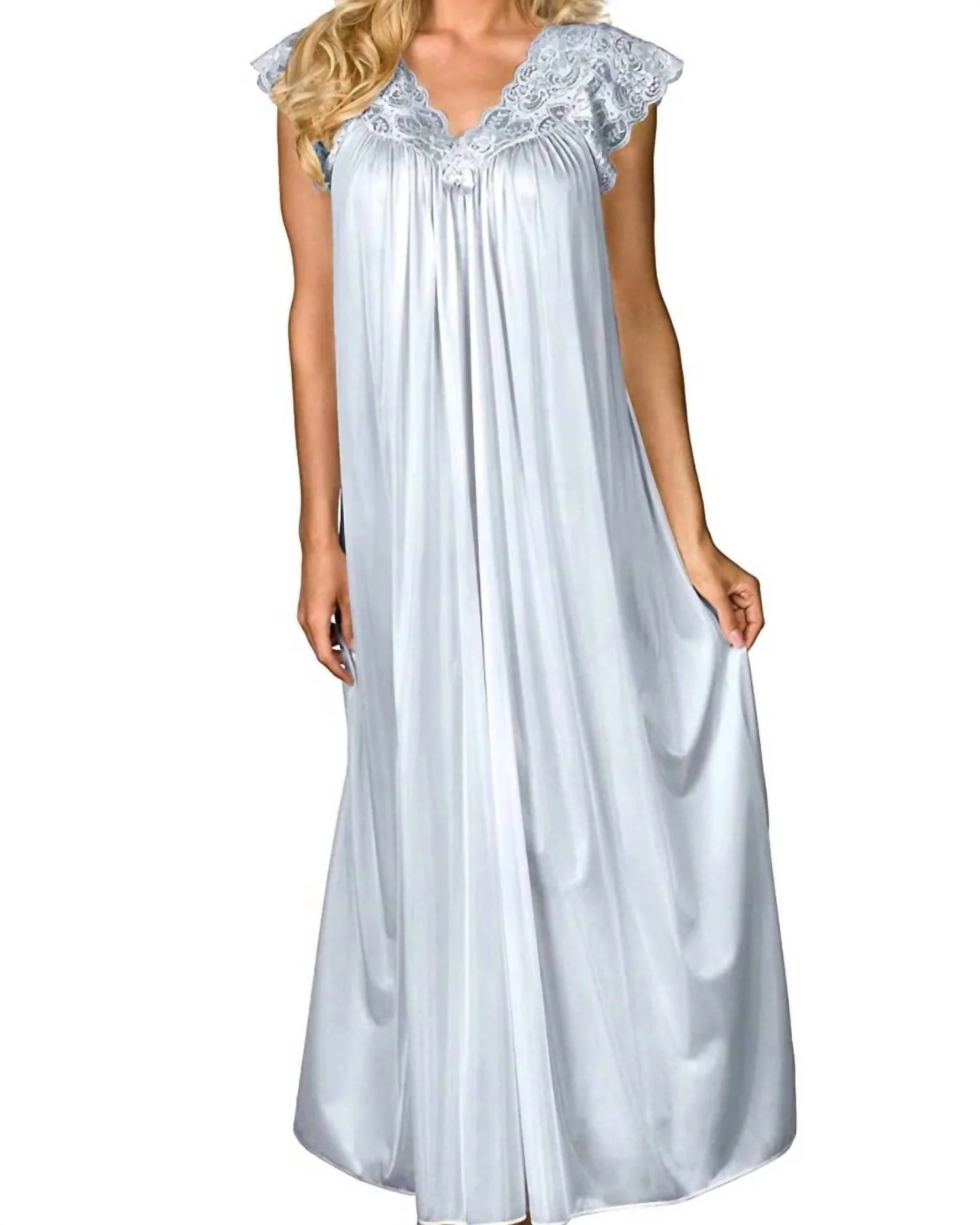 Long Lace Cap Sleeve Nightgown In Silver