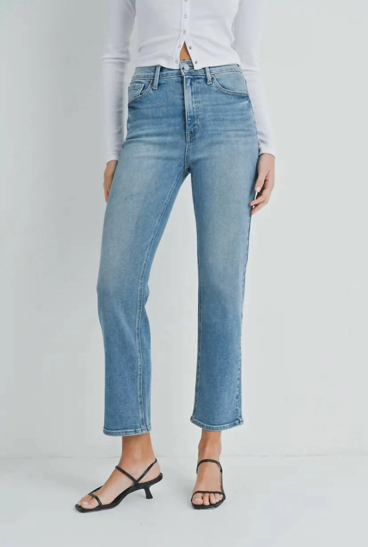 Denim High Rise Crop Straight Jeans In Medium Wash