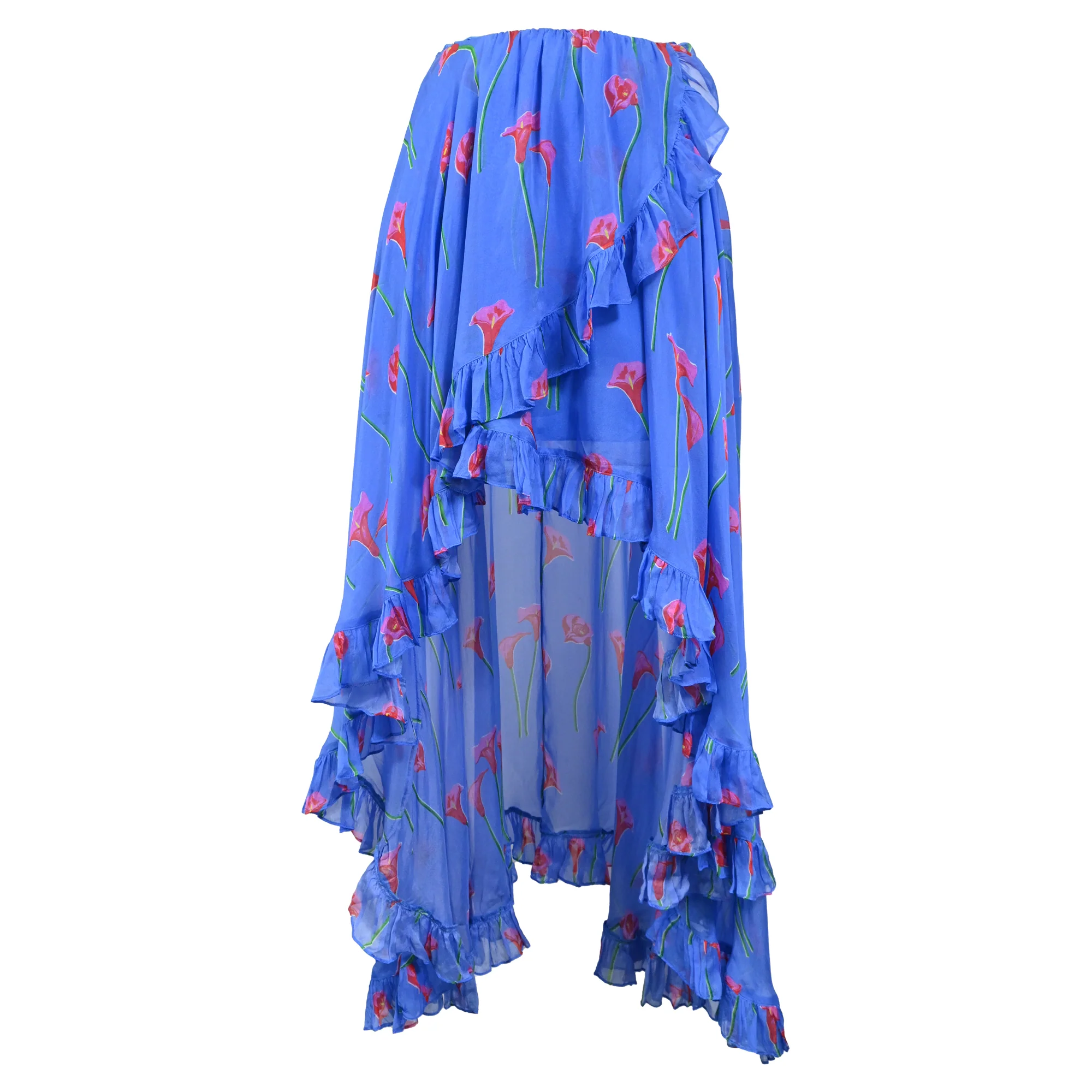 Caroline Constas Printed Ruffled Asymmetric Hem Adelle Midi Skirt in Blue Silk