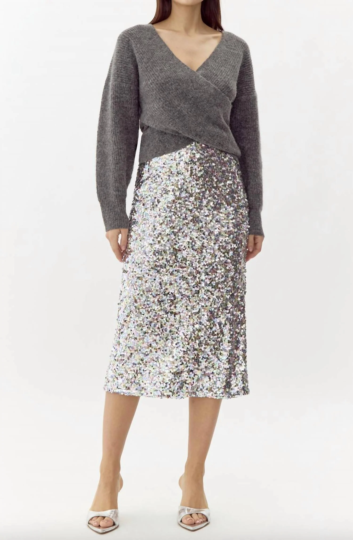 Lacey Sequins Midi Skirt In Silver Multi