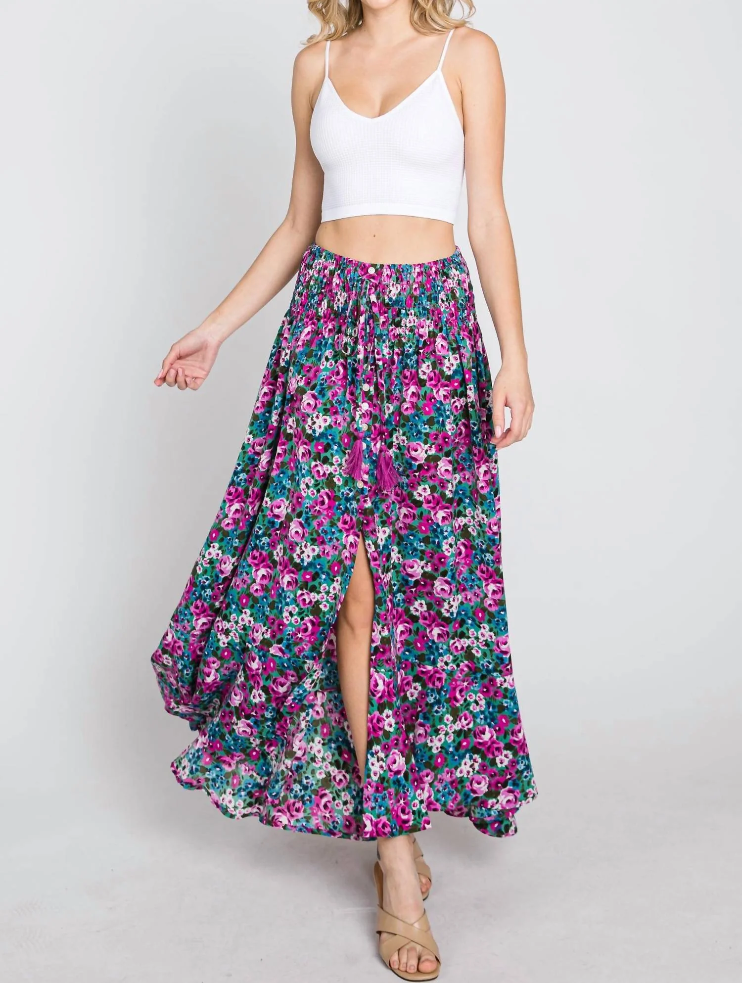 Floral Maxi Skirt With Smocked Waist & Button Front In Fuchsia