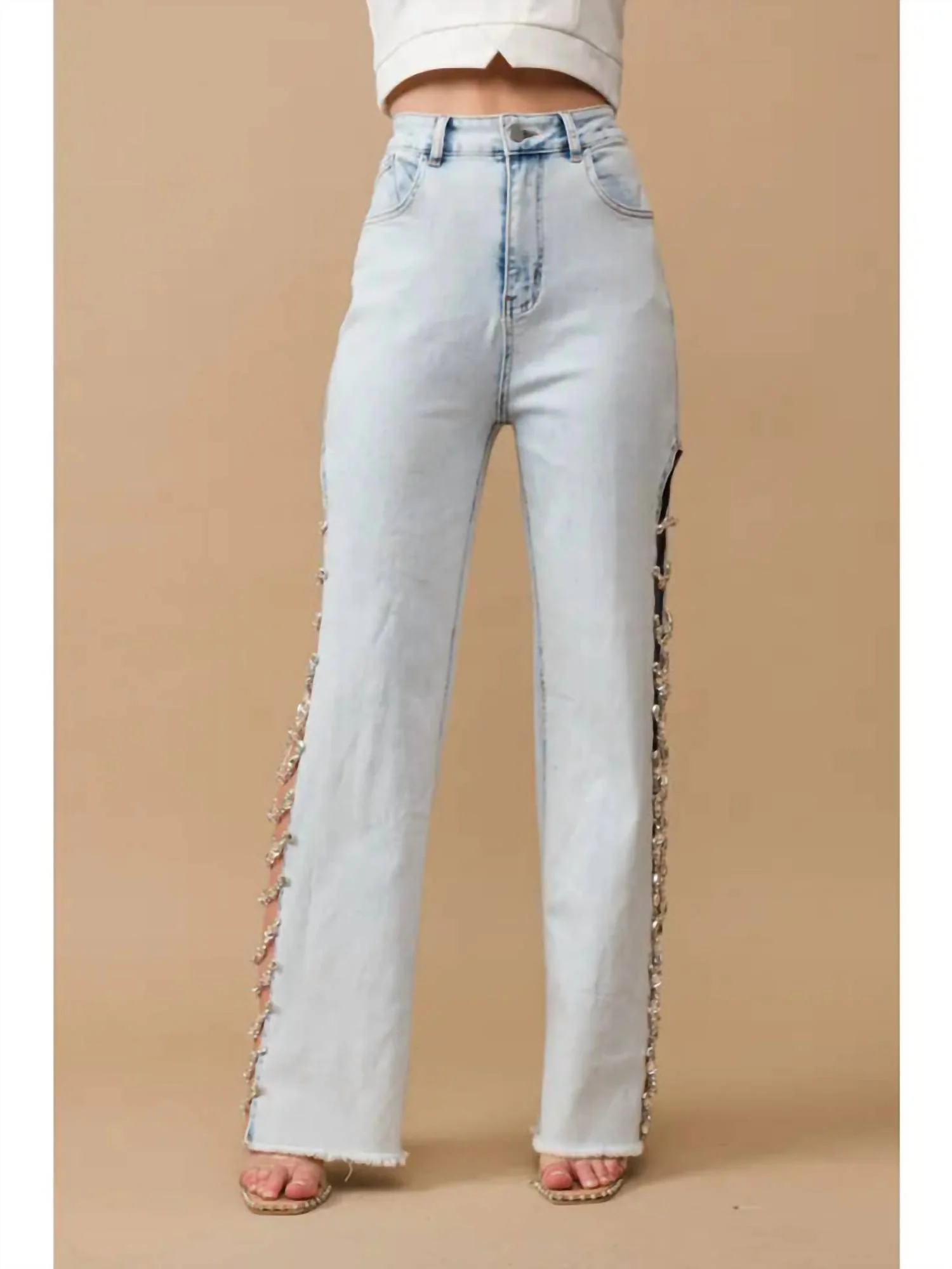 Denim Stretch Jeans Cut Out Sides With Jewels In Light Wash