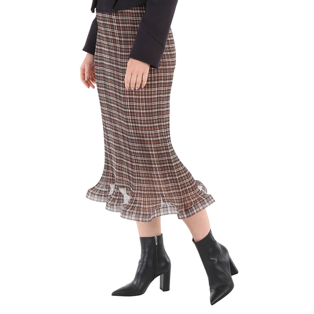 Burberry Ladies Mahogany Check Plisse Ruffle Detail Skirt