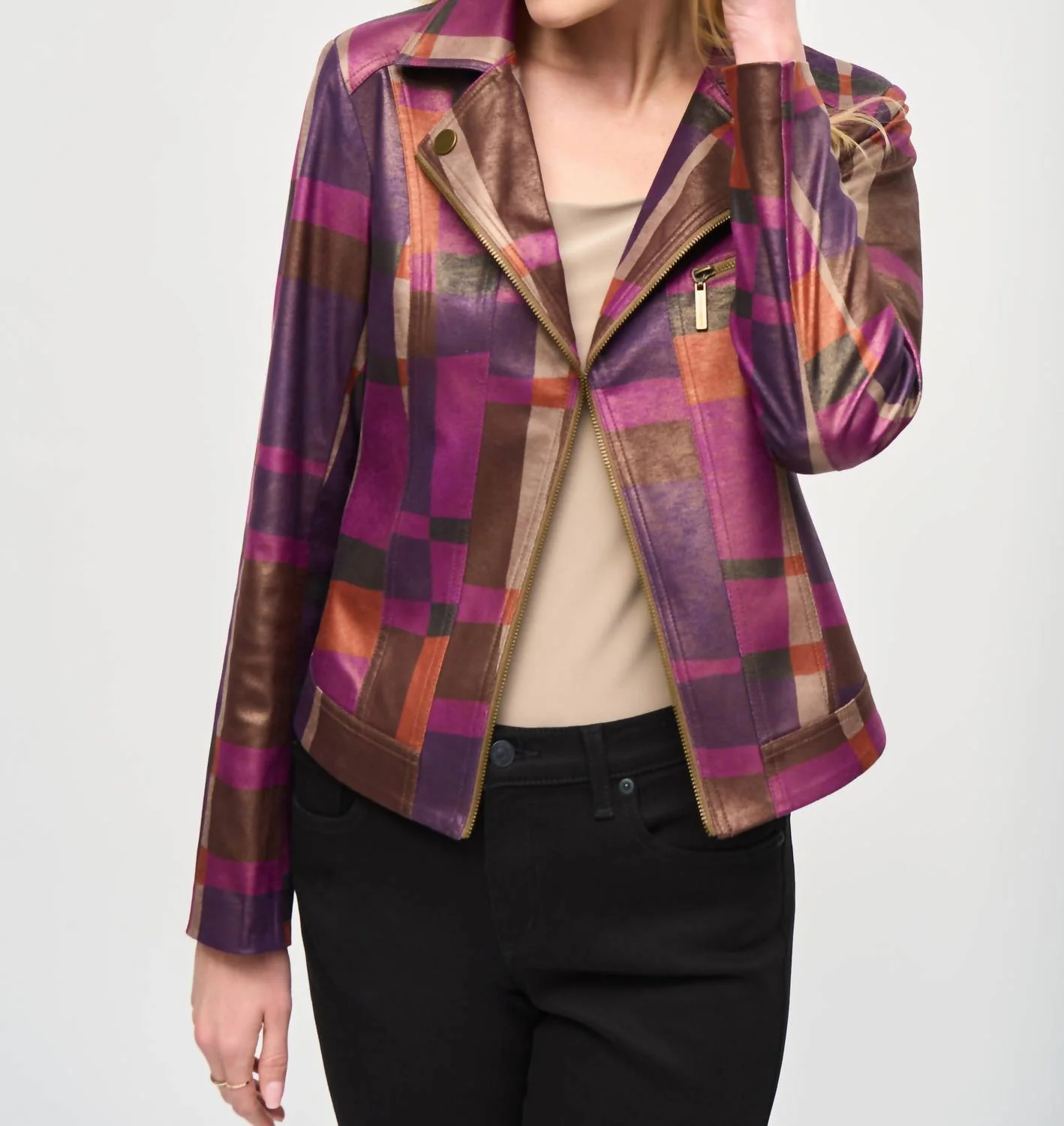Foiled Print Faux Suede Jacket In Multi