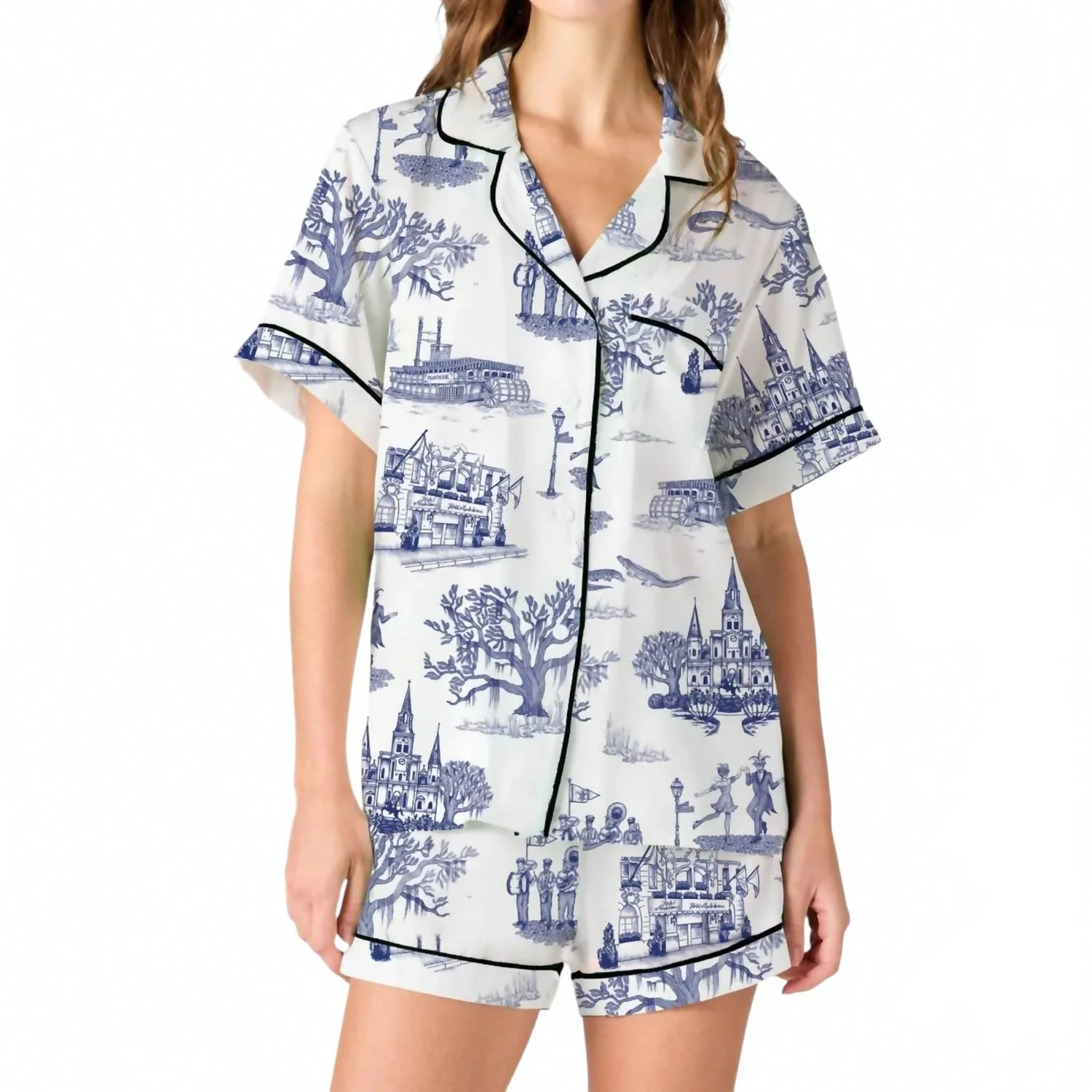 New Orleans Toile Pajama Short Set In Navy