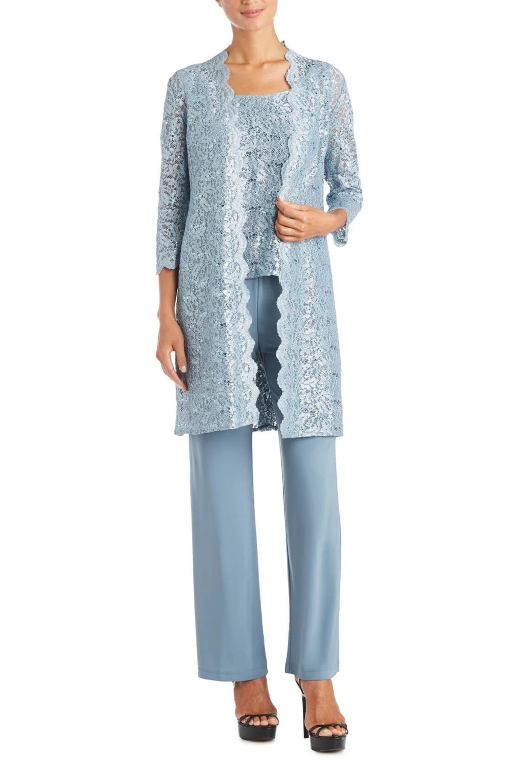 Lace 3/4 Sleeve 3-Piece Pants Set In Slate