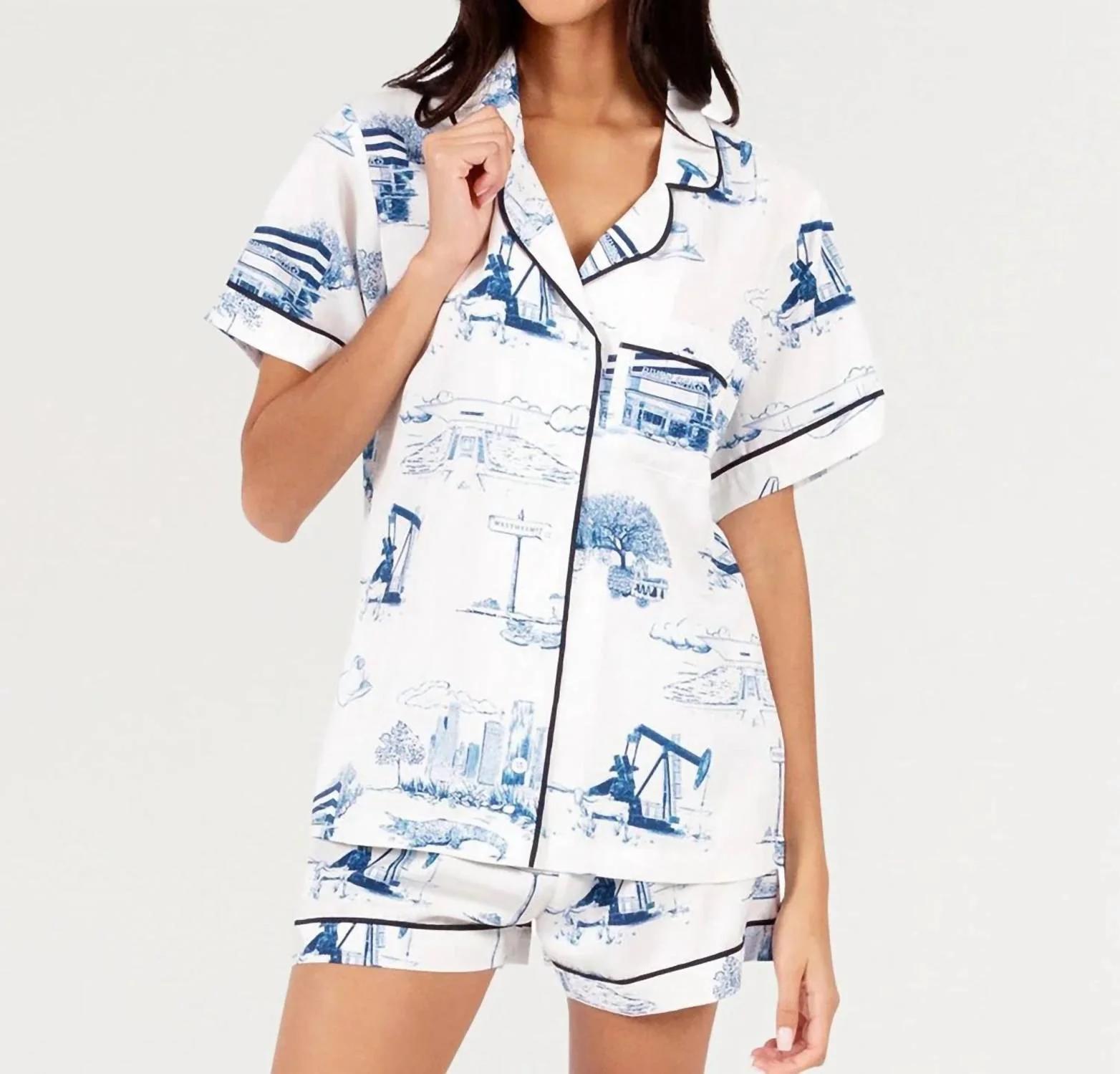 Houston Toile Pajama Short Set In Navy