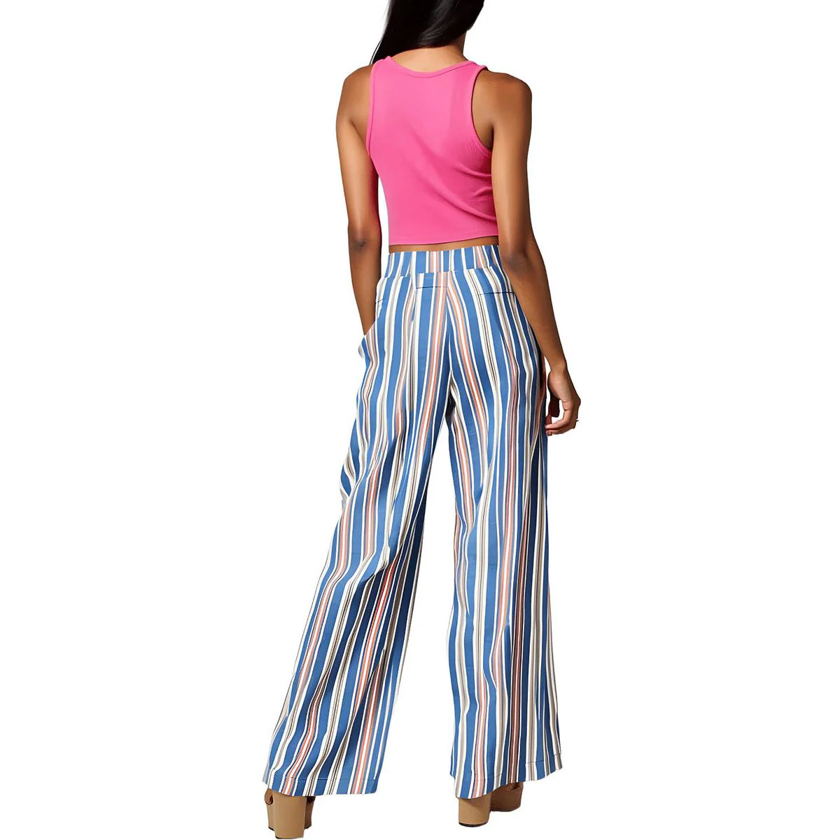 Womens Striped Cotton Wide Leg Pants