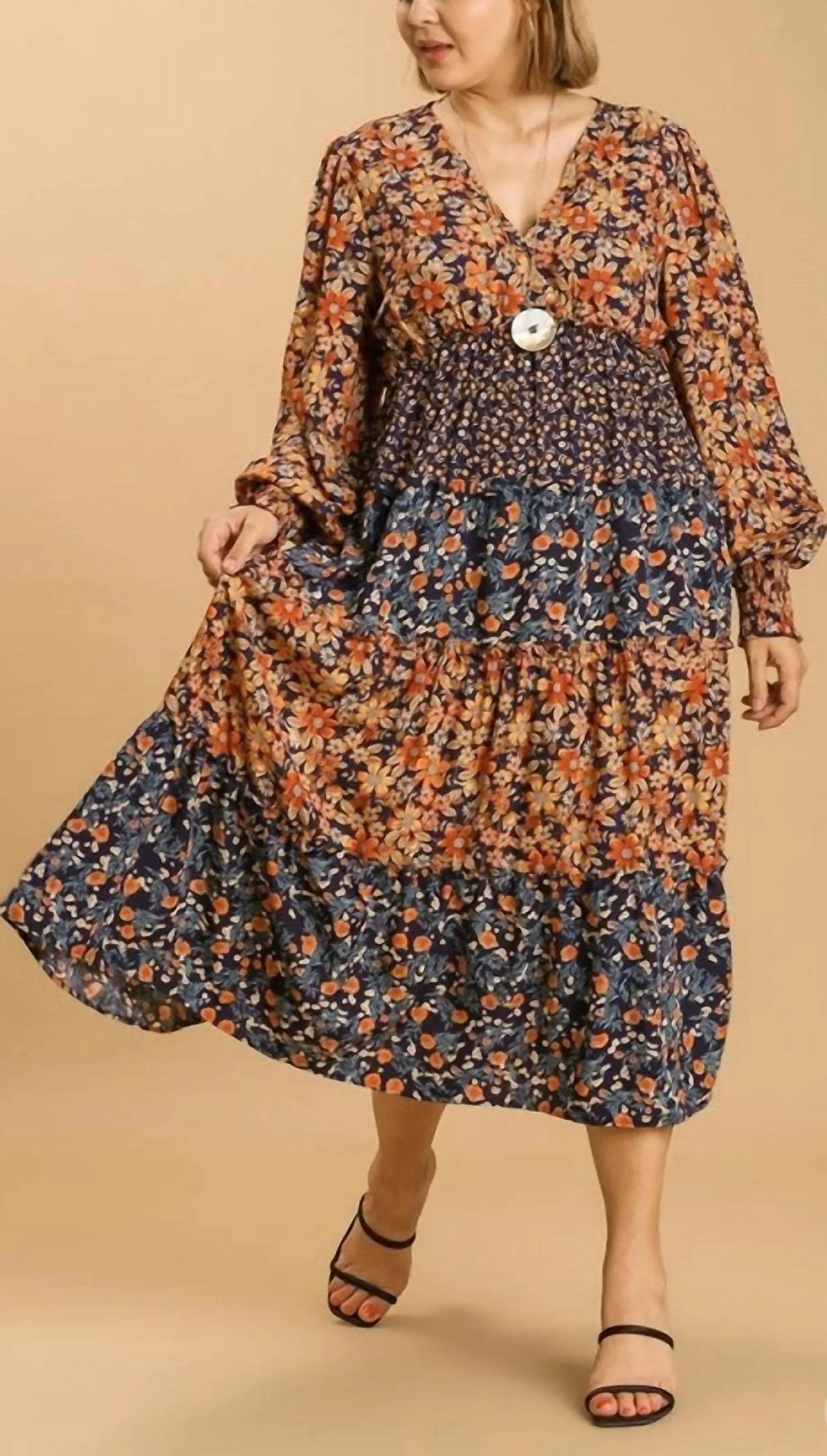 V Neck Floral Print Midi Dress In Navy Mix