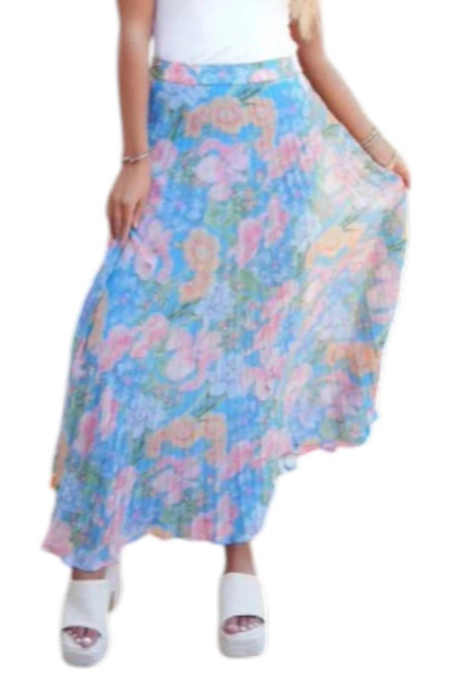 Lilly Floral Pleated Skirt In Blue