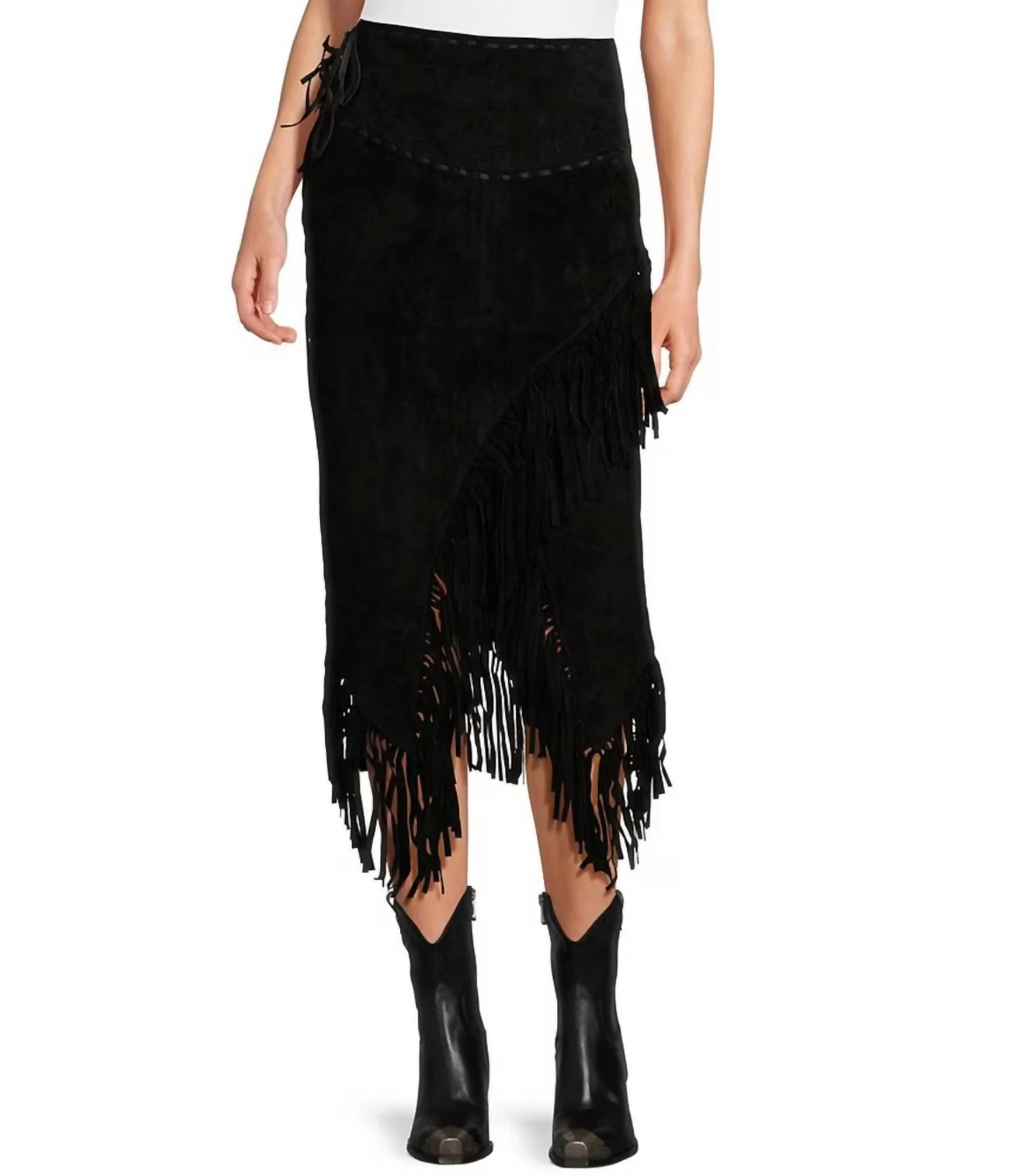 Suede Leather Fringe Midi Skirt In Black