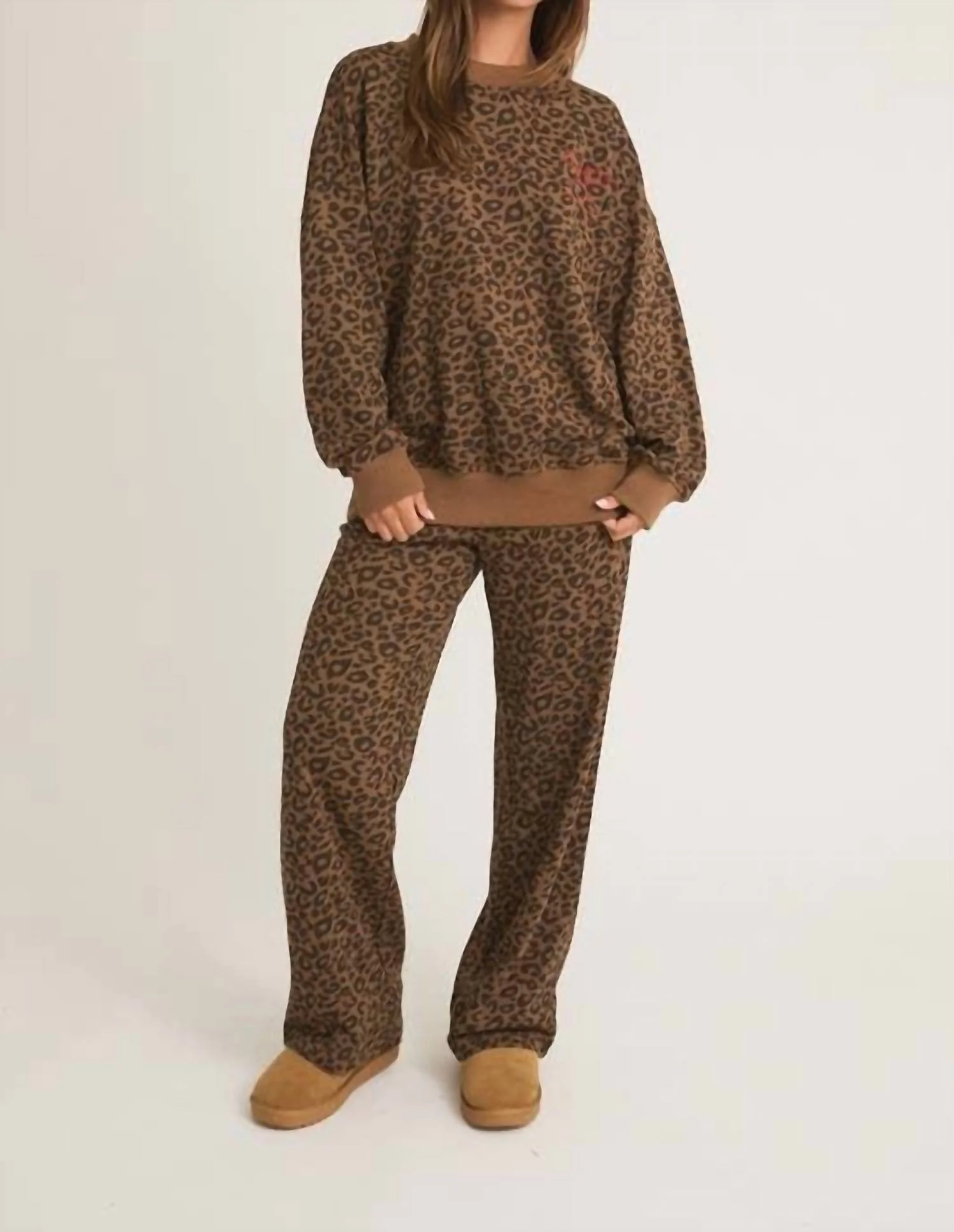 Crew Neck Washed Leopard Sweatshirt With Sweatpants Set In Brown-Black Leopard