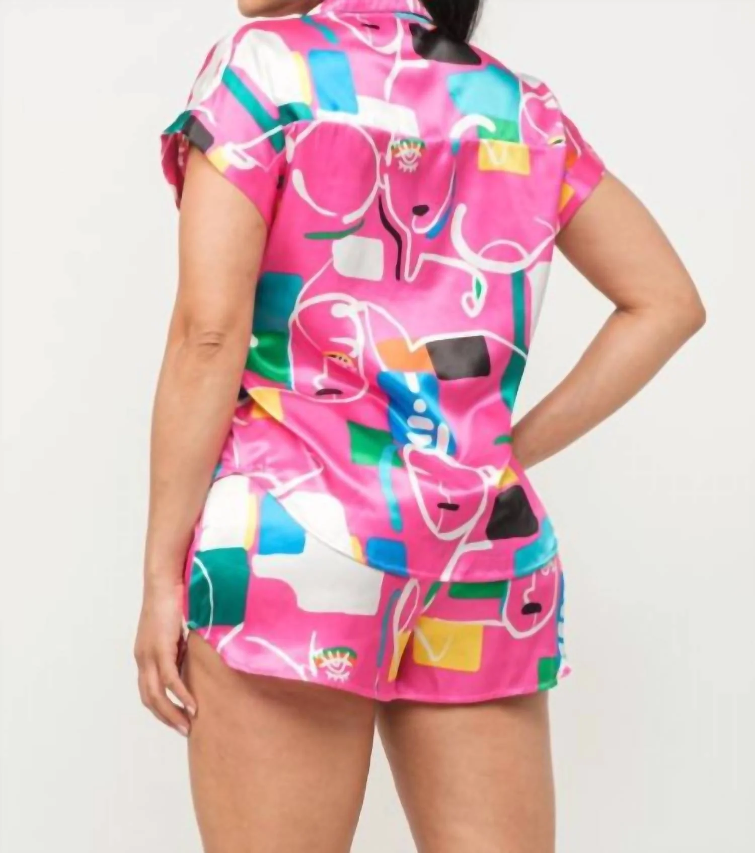Satin Dolman Print Top And Shorts Set In Fuschia