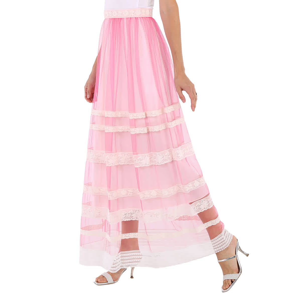 Burberry Ladies Bright Pink Floral Lace-trim Tulle Maxi Skirt