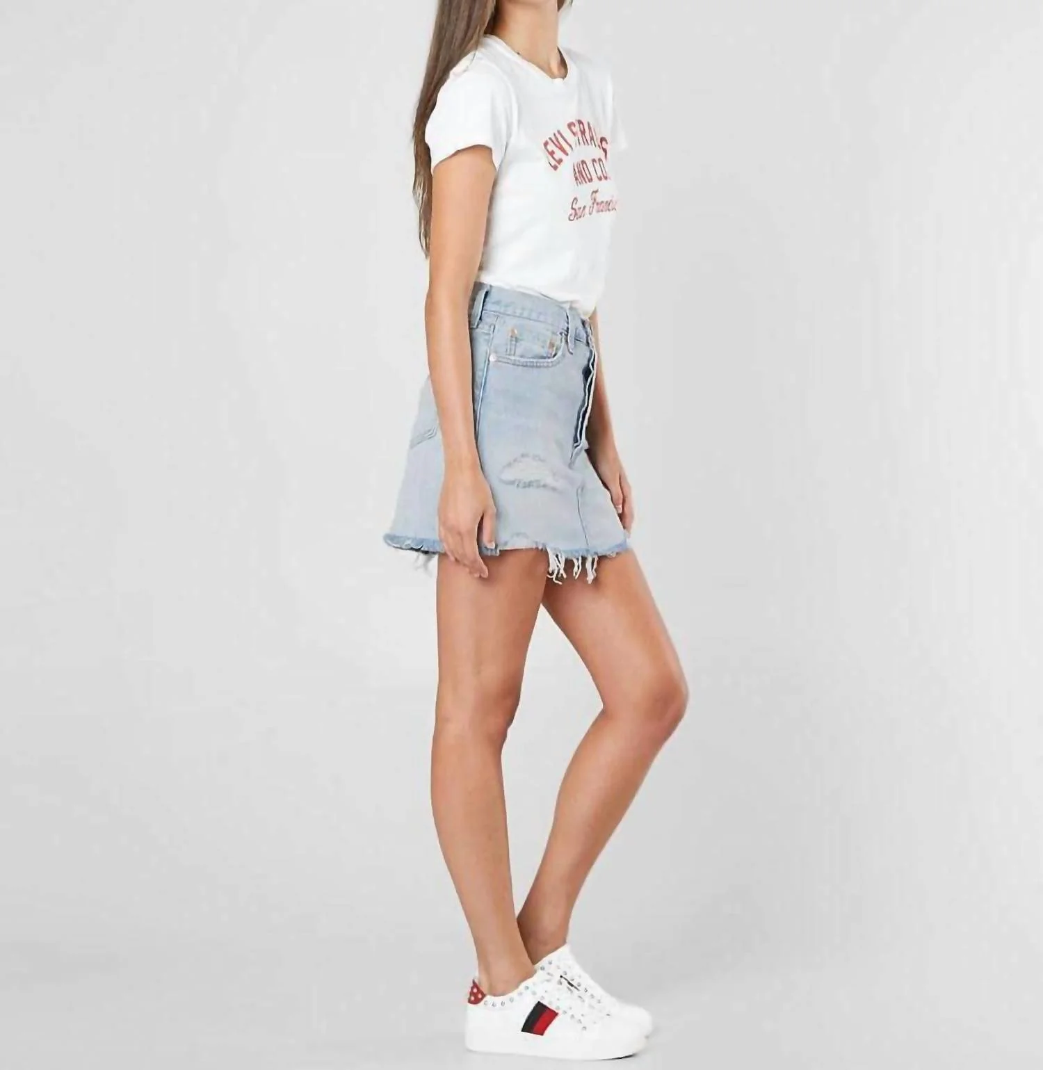 Denim Distressed Raw Hem Cotton Mini Skirt In Blue