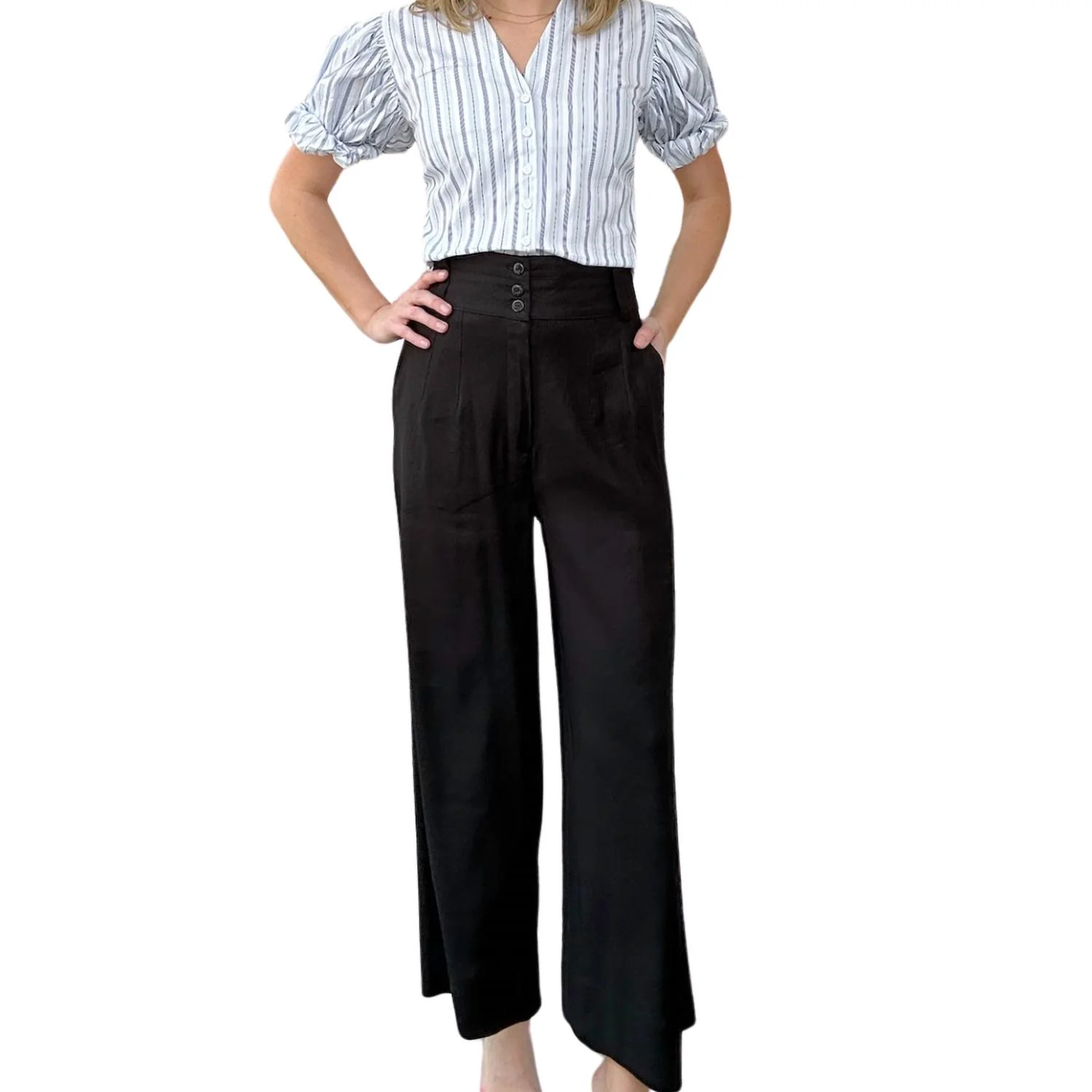Linen Blend Wide Leg Pants In Black