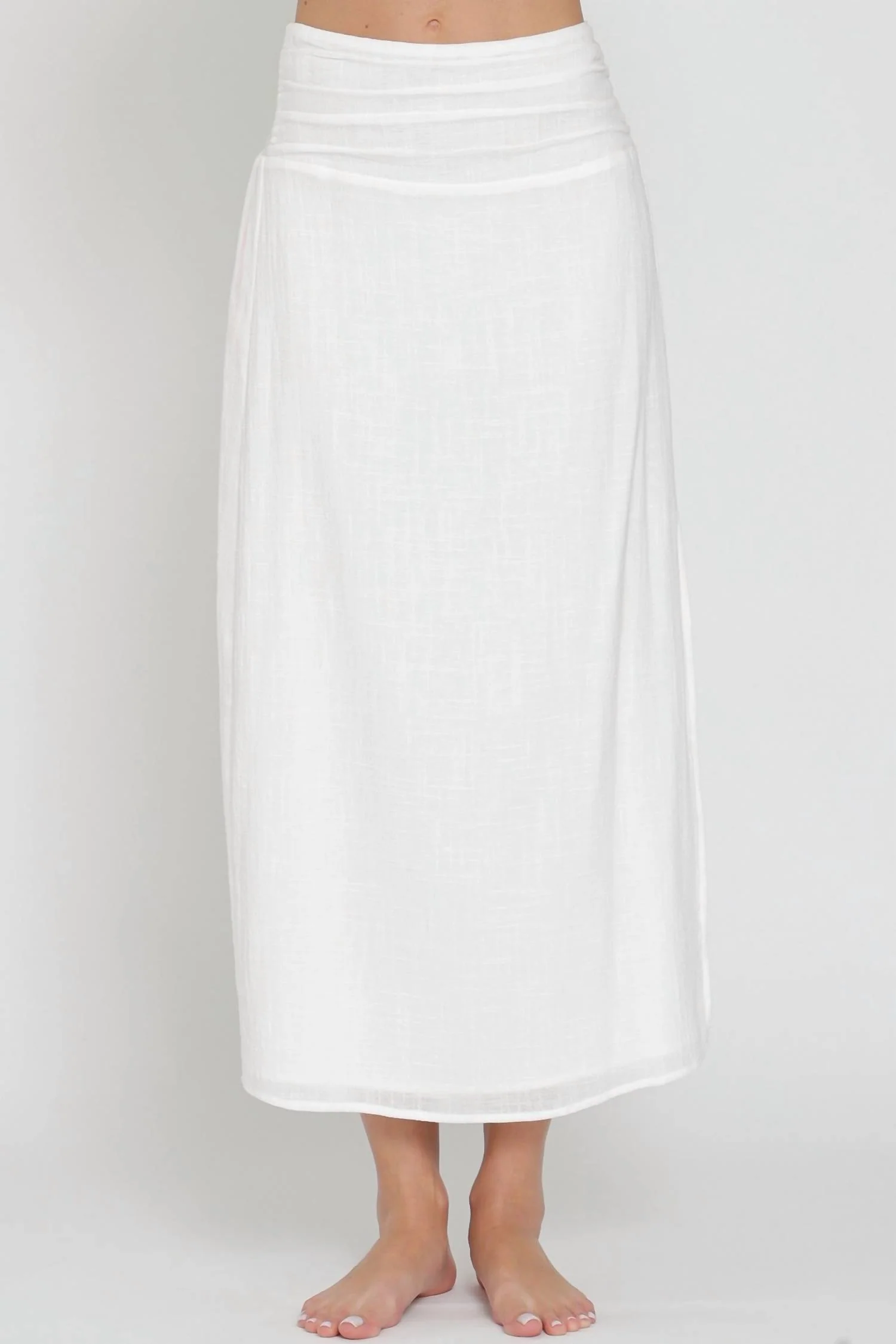 High Waisted Smocked Midi Skirt In White