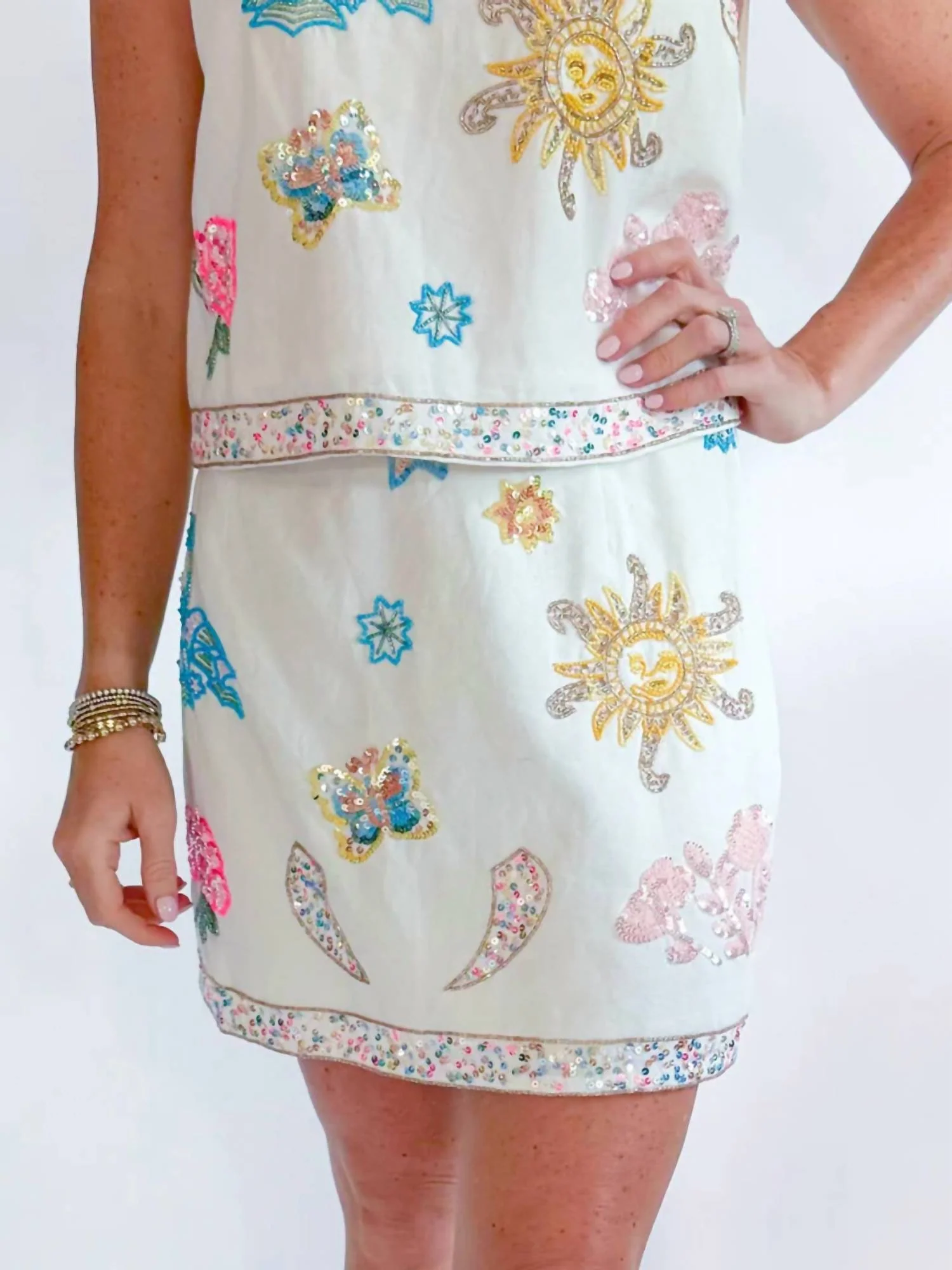 Milan Celestial Beading Mini Skirt In White