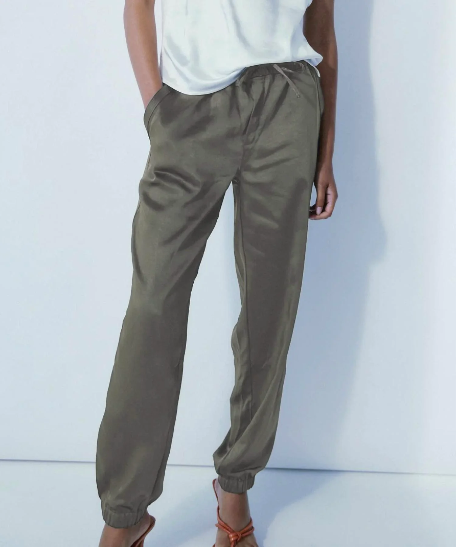 Satin Joggers In Khaki