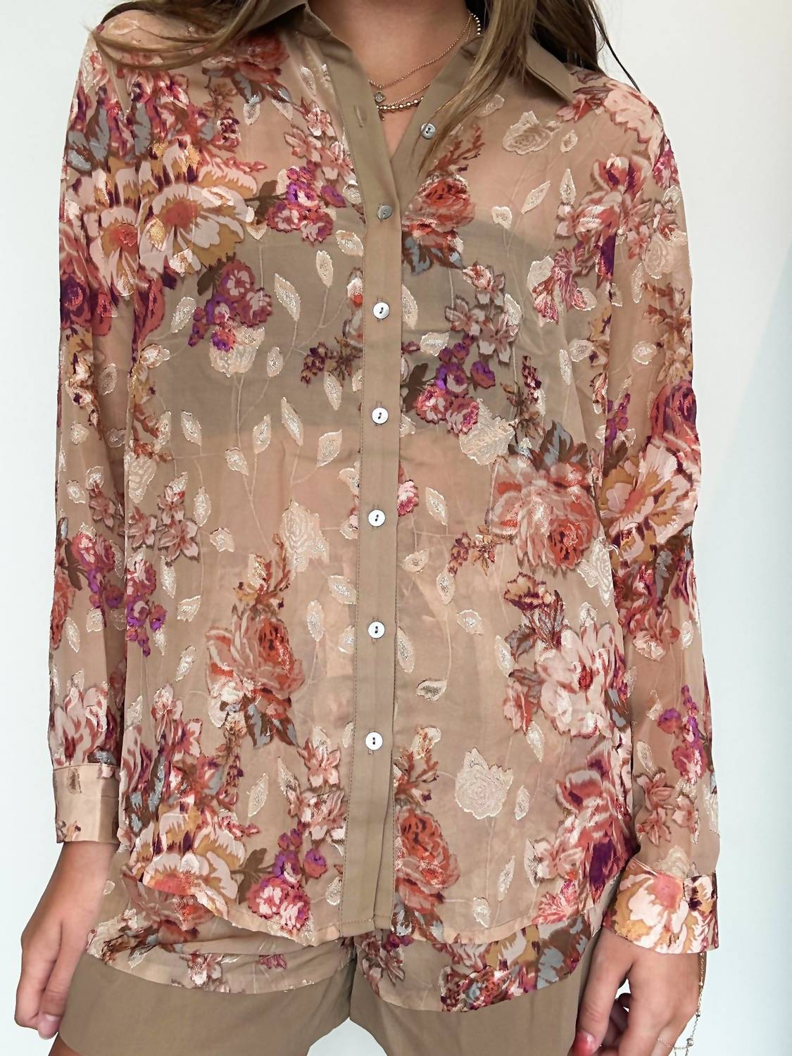 Floral Chiffon Shirt & Shorts Set In Beige