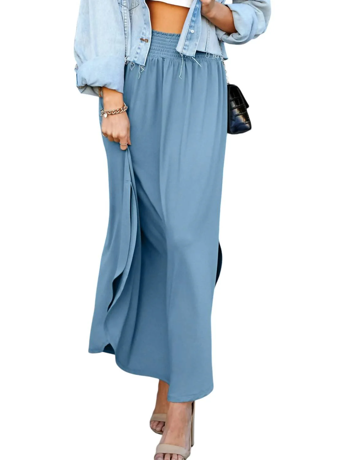 Smocked Waistband Maxi Skirt In Dusty Blue