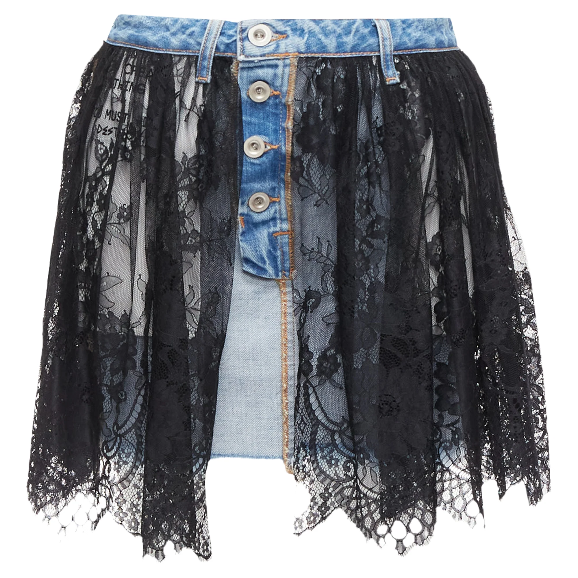 Unravel Project Floral Lace Ruffle Denim Inside Out Skirt