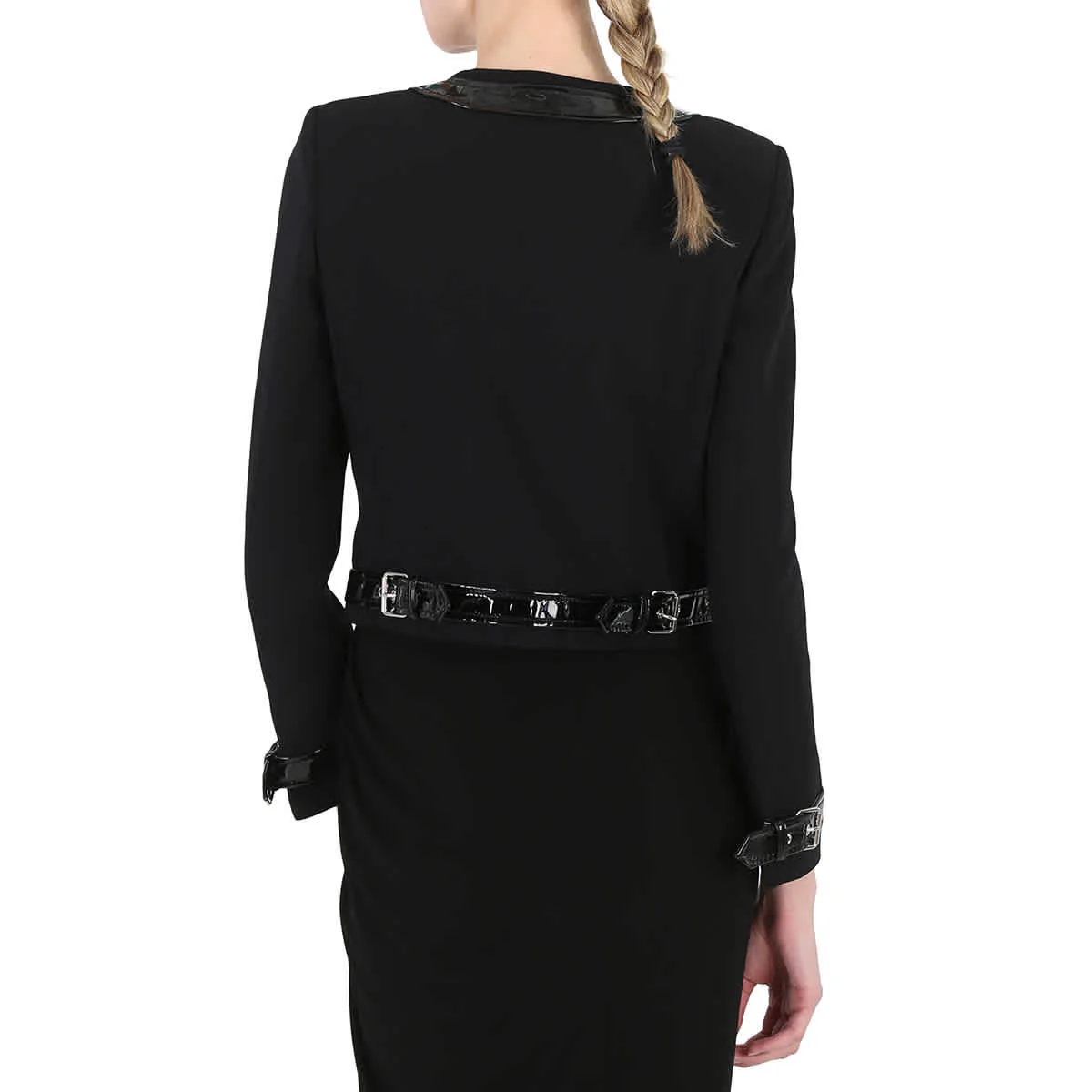Moschino Black Stretch Cady Vinyl Detail Bondage Blazer, Brand Size 40 (US Size 6)