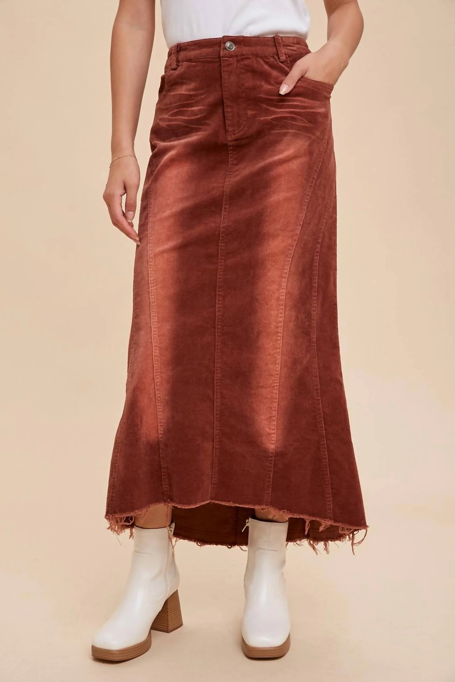 Garment Washed Corduroy Midi Skirt In Burnt Orange